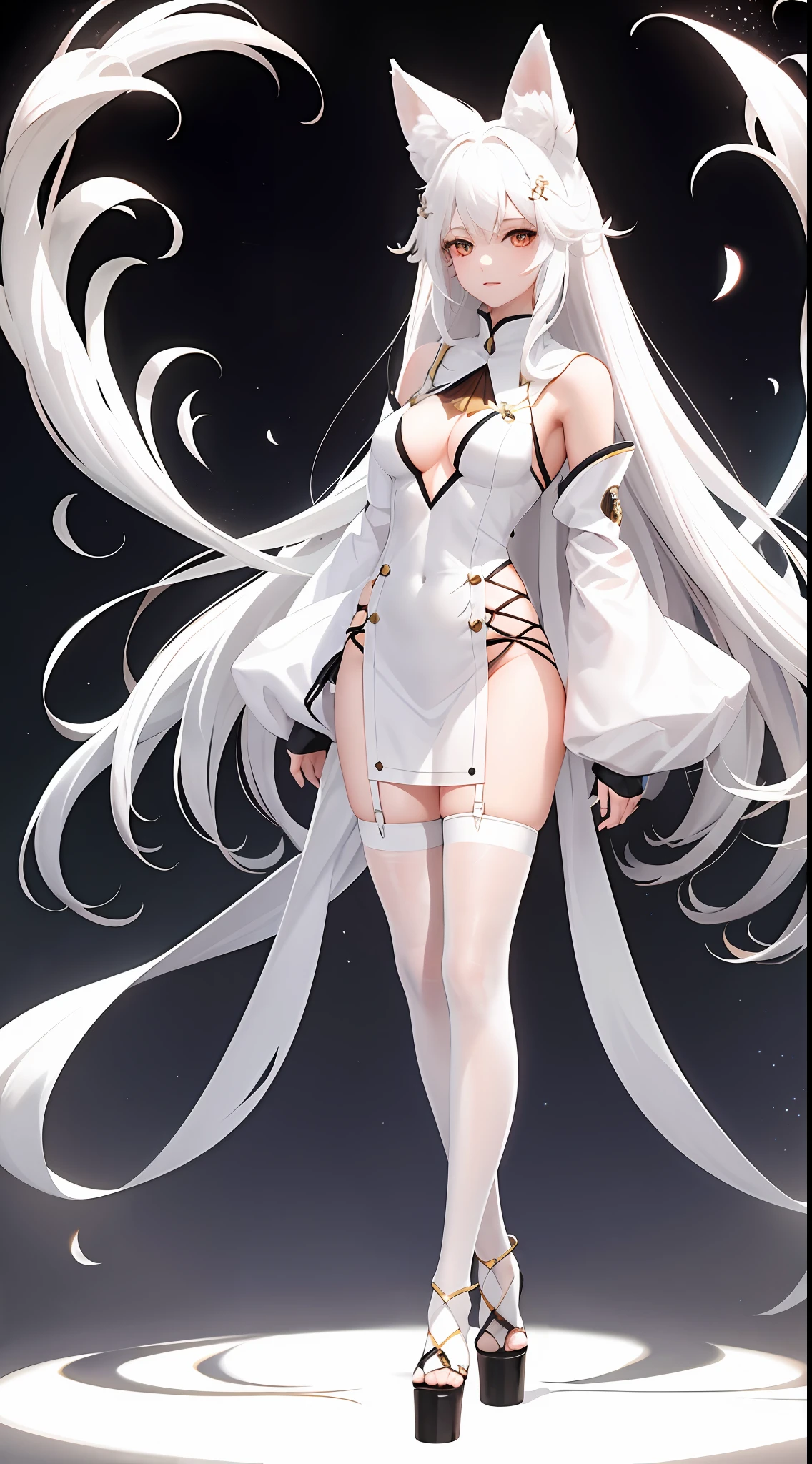 1girll, Full body like,White hair, long whitr hair,Messy hair,Translucent clothes,NSFW,White fox ears,White fox tail,比基尼,folds,folds,folds