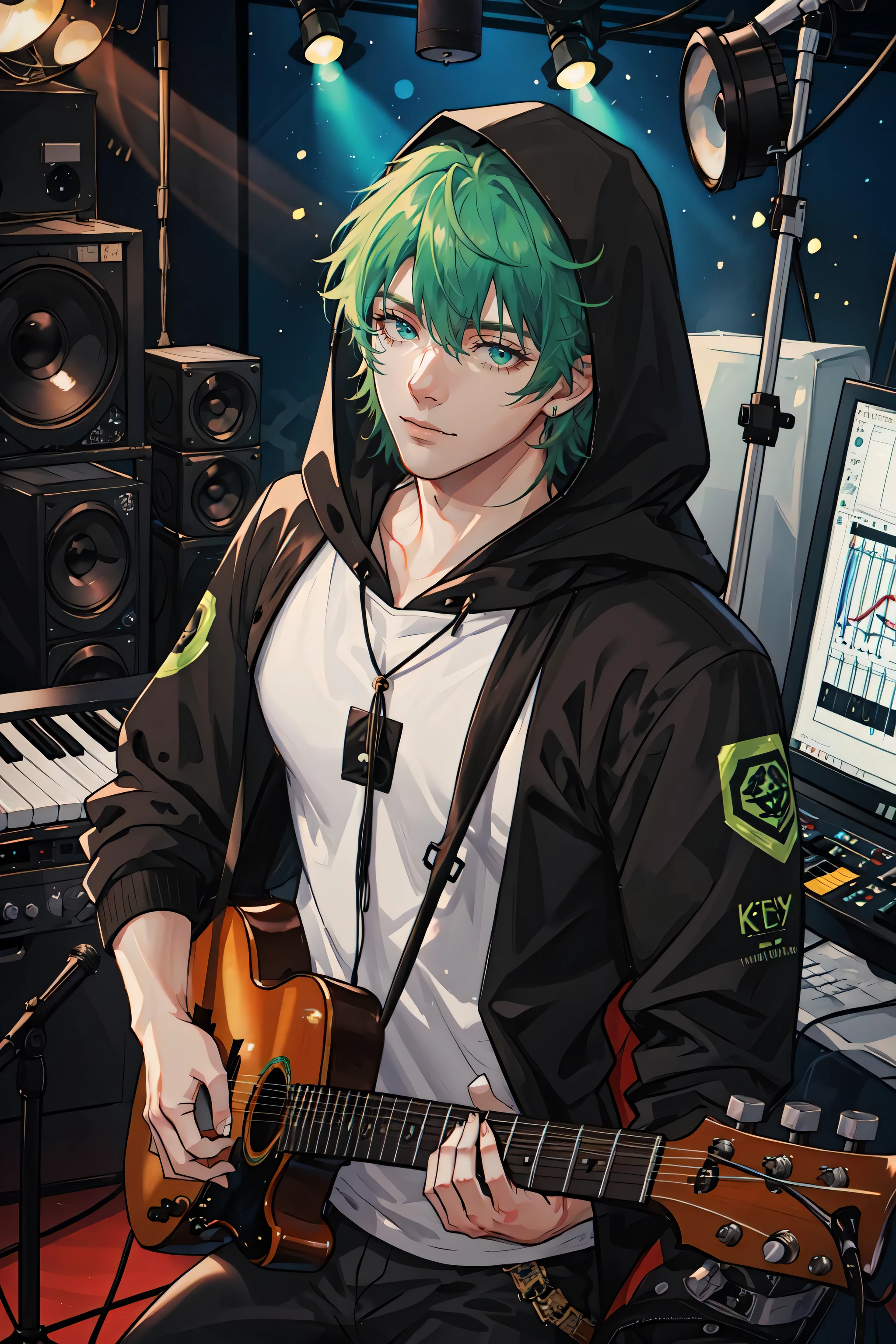 masterpiece, best quality, 1 male, adult, handsome, tall muscular guy, broad shoulders, finely detailed eyes and detailed face, extremely detailed CG unity 8k wallpaper, intricate details, green hair, oversized hood, Musician, Musical attire, Recording studio, Composing music, Performing live, Collaborating with other musicians, depth of field