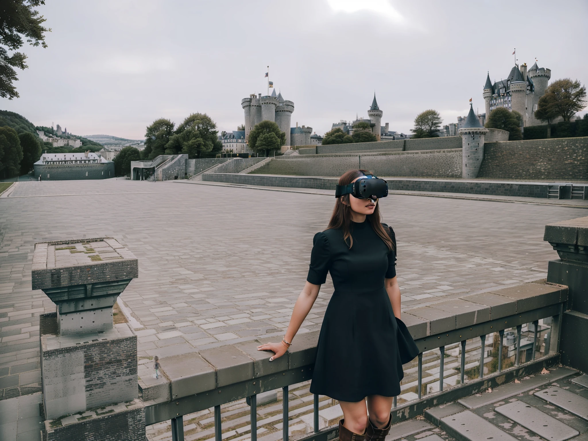 a woman in a short dress and boots standing on a set of stairs, stepping on towers, standing near a castle, photoshoot, smooth in _ the background, standing in a city center, taken in 2 0 2 0, inside her surreal vr castle, by Emma Andijewska, by Niko Henrichon, in a castle, looking from slightly below