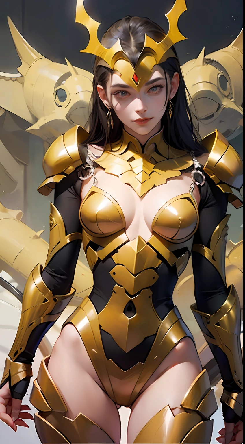 Woman in hot insect crustacean、Guyver Style、evil smile、(masterpiece, :1.3),(top-quality:1.4),(A detailed eye), Bellows tail、Cel Shade Adult Animation、Alien Queen、Full Body Art