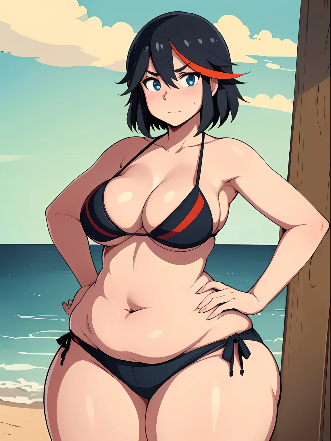 ((kipteitei)), ((masterpiece)), (((best quality))), ((ultra-detailed)), (((illustration))), detailed face, ultra cute face, detailed body, ((Line art)), (in the style of cell shaded), (vivid colors), skindentation, ((1girl)), ((solo)), matoi ryuuko, side tie bikini, undersized bikini, hand on hip, looking at viewer, cowboy shot, blushing, embarrassed, standing on beach, medium breasts, perky breasts, ((wide hips)), (((thick thighs))), thicc, (fat ass), ((pudgy)), (fat folds),