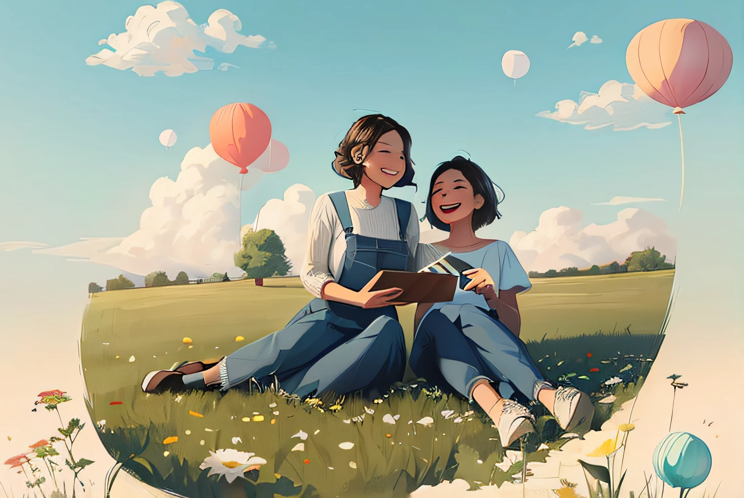 Two women were sitting on the grass,Laughed happily,Both men were holding large gift packages,The background is a balloon blue sky and white clouds, lovely digital painting, Beautiful digital illustration