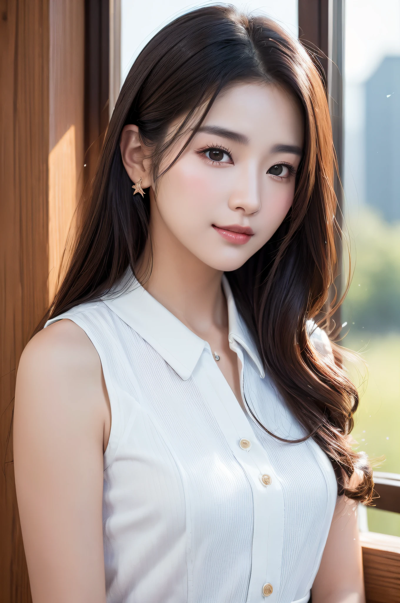 ((best qualtiy、8k masterpieces:1.3))、foco nítido:1.2、(ultra beautiful faces:1.0)、(shinny skin:1.0)、photos realistic、A dark-haired、Video Lighting、High-definition eyes and face、Video Lighting、(cowboy shot:1.3)、(Korean Cute Actress)、from the front side、medium large breasts、ssmile、Sleeveless、Wearing a white blouse