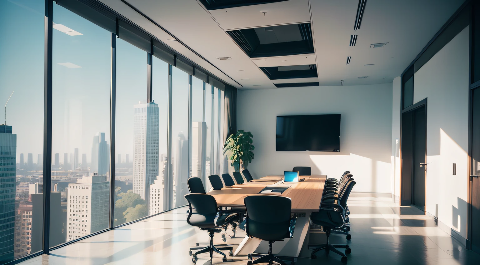 "Contemporary office boardroom with floor-to-ceiling windows, ample natural light, pristine 4K resolution, intricate details, modern funky design."