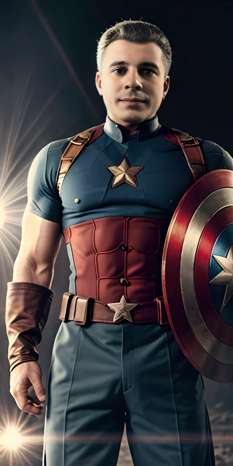 modelshoot style, muscular,Joseph Stalin dressed as Captain America,no helmet,intricate details, lens flare, intricate detailed face, 4k, 8k, hdr