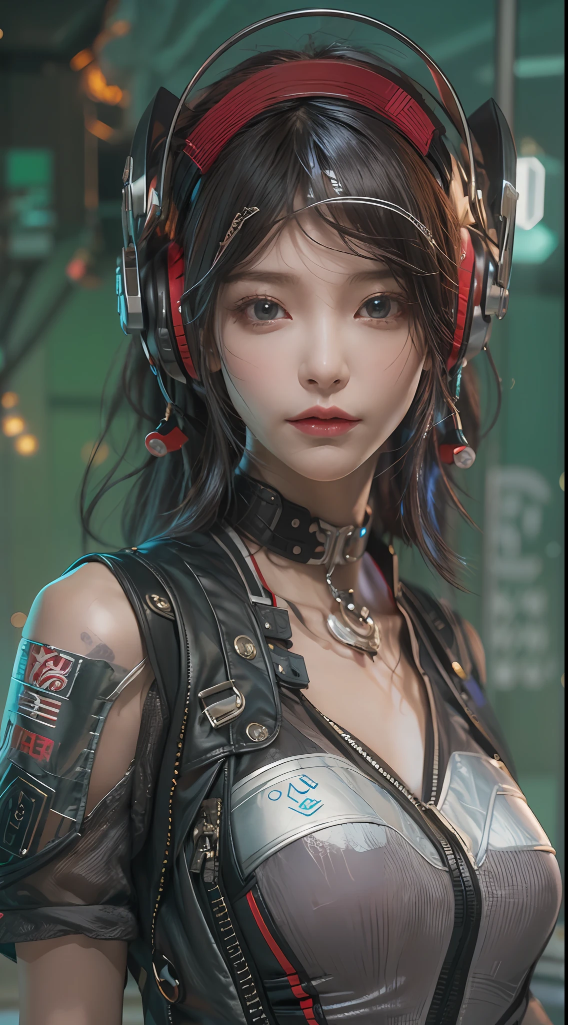 ​masterpiece, 1 beautiful girl, Detailed eye, Swollen eyes, top-quality, 超A high resolution, (reality: 1.4), 电影灯光, japanes, a asian beauty, very extremely beautiful, Beautiful skins, A slender, Forward-facing body, (A hyper-realistic), (hight resolution), (8K), (ighly detailed), ( Best Illustration), (beautifully detailed eyes), (ultra-detailliert), 详细的脸, Bright lighting, Professional lighting、The background is a cyberpunk room with many monitors、The cord is connected from the costume、Hair color is red、headset on head、small tattoo on face、Female Game Commentator