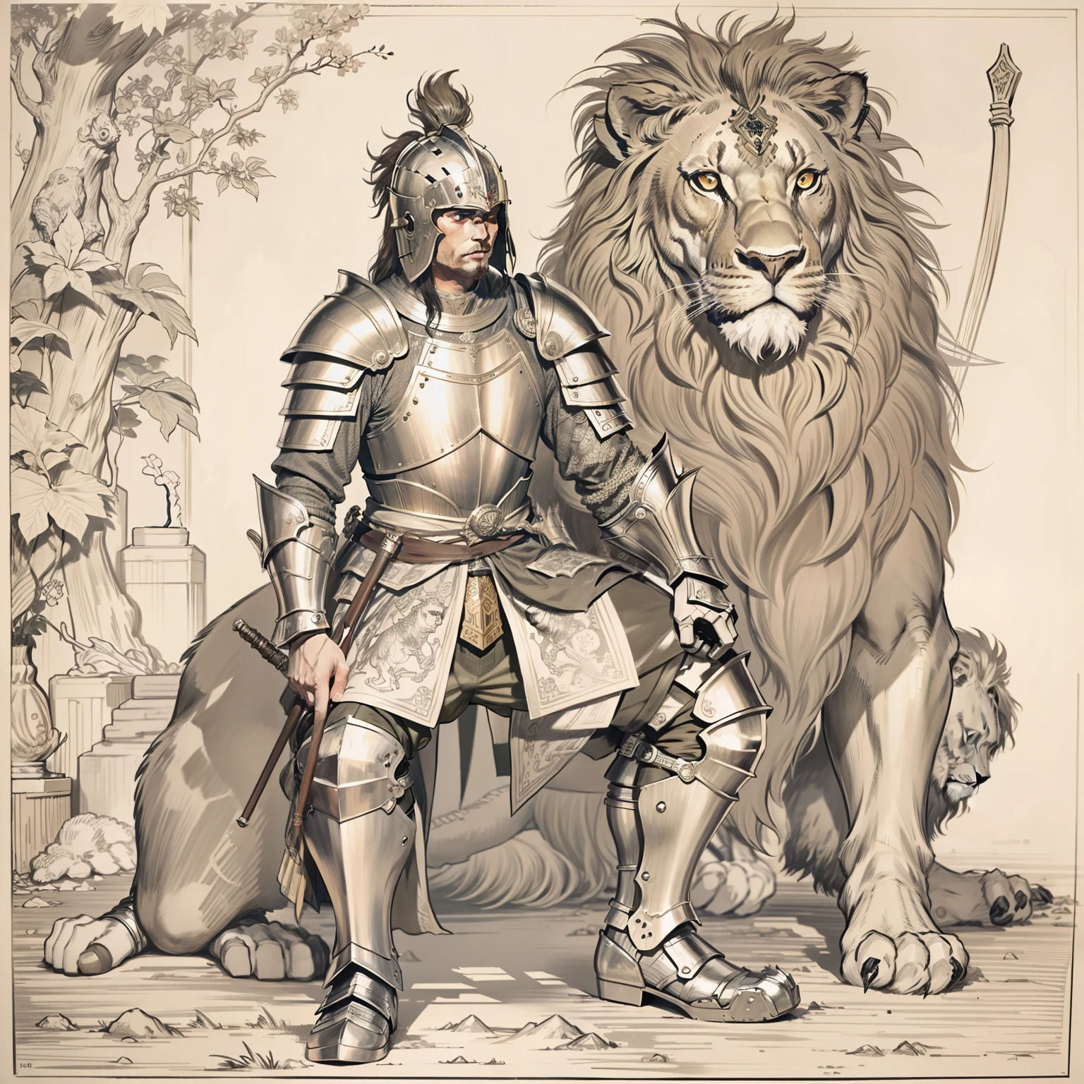 Classical beautiful knight, standing style, full of medieval armor and weapons, squatting next to a lion, Etching, Ukiyo-e art, One-line drawing.
