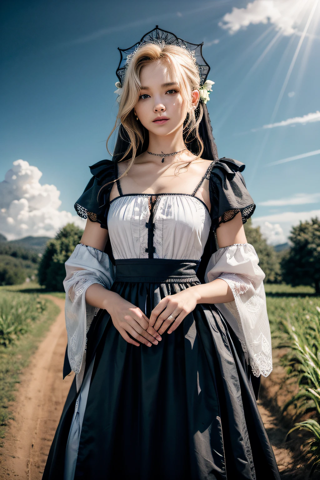 (fidelity:1.3),filigree,quality,Rembrandt lighting,(tmasterpiece:1.2),(fidelity:1.2),(best qualtiy),(skin detailed:1.3),(Complicated details),dramatics,Ray traching,1girl,american white girl,blond hairbl,21yo,mediuml breasts,OL set,stocklings:(grassy fields,suns,clouds,Tano,farms,starlights,footpath)