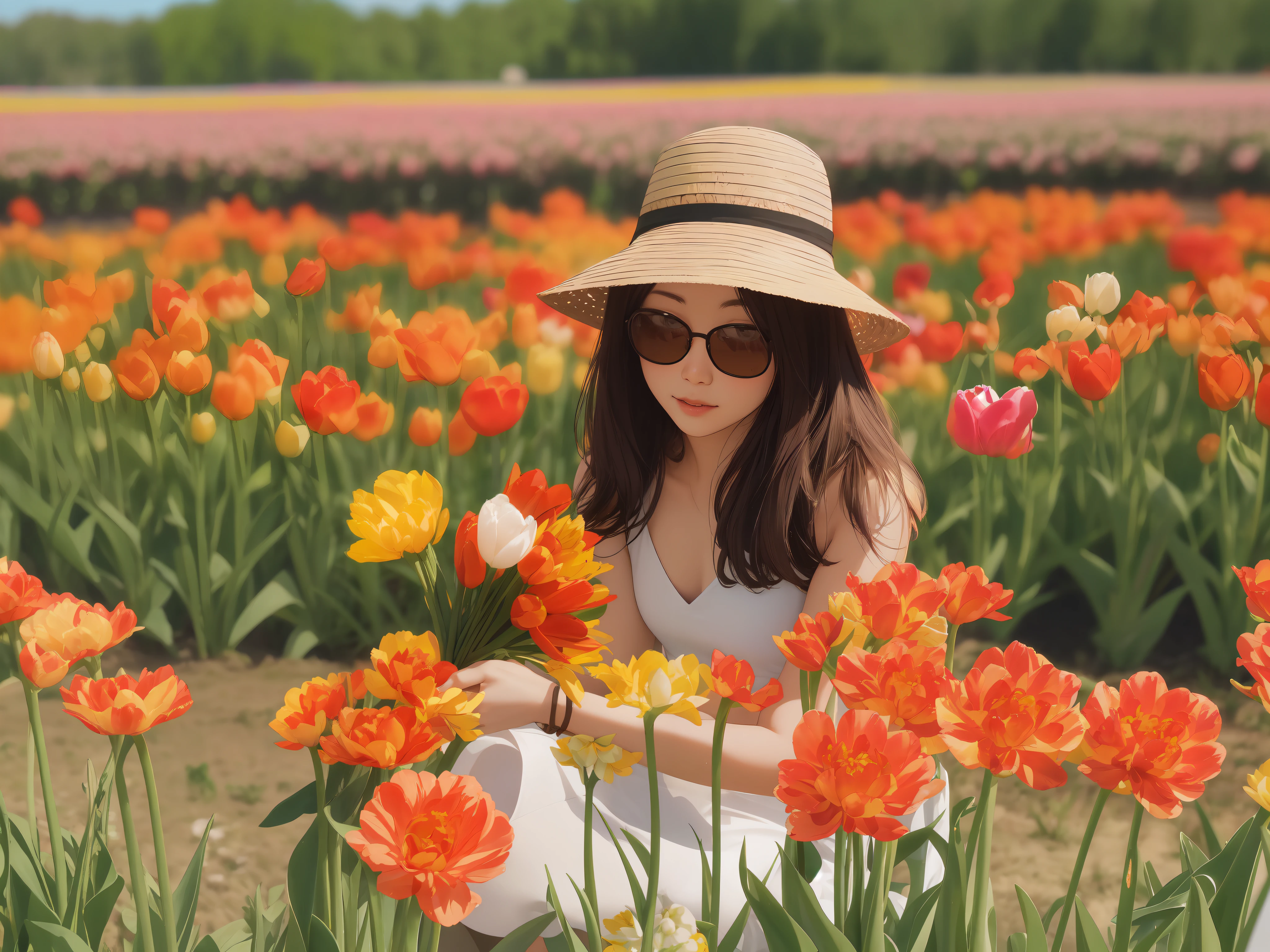pretty 28 year old chinese woman wearing a sun hat and sunglasses kneeling in a field of tulips, tall and slim, wearing a white sleeveless halter dress, holding a bouquet of tulips, girl in a tulip field, girl in flowers, girl kneeling in a tulip field, in a field of flowers, picking flowers, girl standing in a flower field
