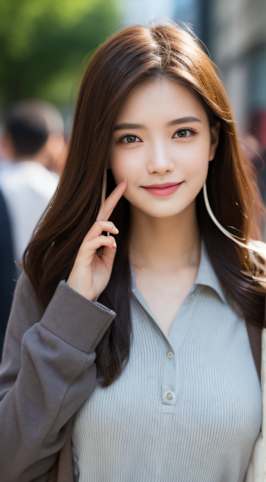 （（best qualtiy，8k，tmasterpiece：1.3））， 1girll， ssmile， full bodyesbian， Slim Faces， Beautiful woman， （dark brown  hair）， OL set ：1.1， Super detailed face， Detailed eyes， 二重まぶた， blur backgroun， Slim Faces， 城市， do lado de fora， the street，