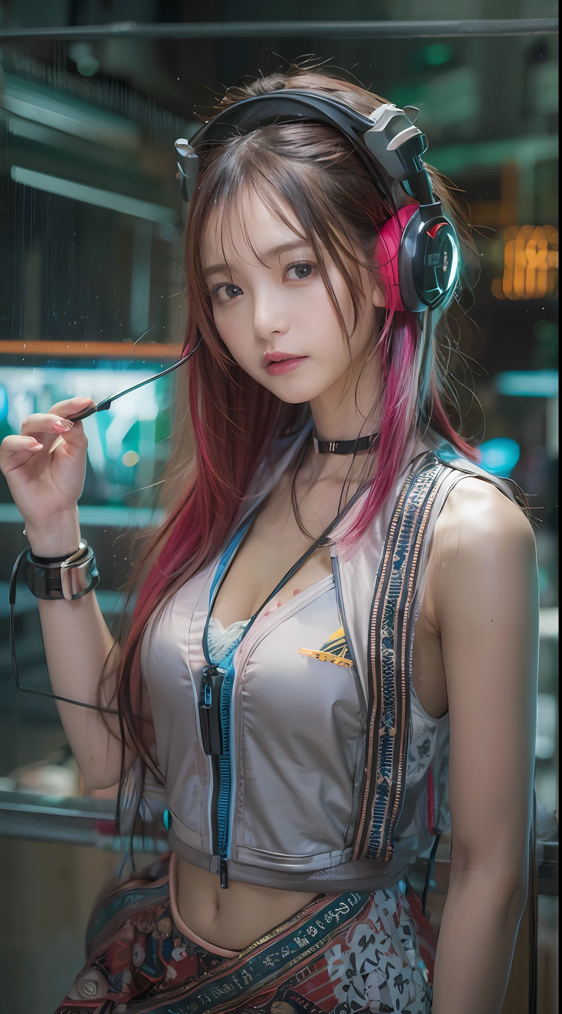 masterpiece, 1 beautiful girl, Detailed eye, Swollen eyes, top-quality, 超A high resolution, (reality: 1.4), 电影灯光, japanes, a asian beauty, very extremely beautiful, Beautiful skins, A slender, Forward-facing body, (A hyper-realistic), (hight resolution), (8K), (ighly detailed), ( Best Illustration), (beautifully detailed eyes), (ultra-detailliert), 详细的脸, Bright lighting, Professional lighting、The background is a cyberpunk room with many monitors、The cord is connected from the costume、Hair color is red、headset on head、small tattoo on face、Female Game Commentator、Facing straight ahead、