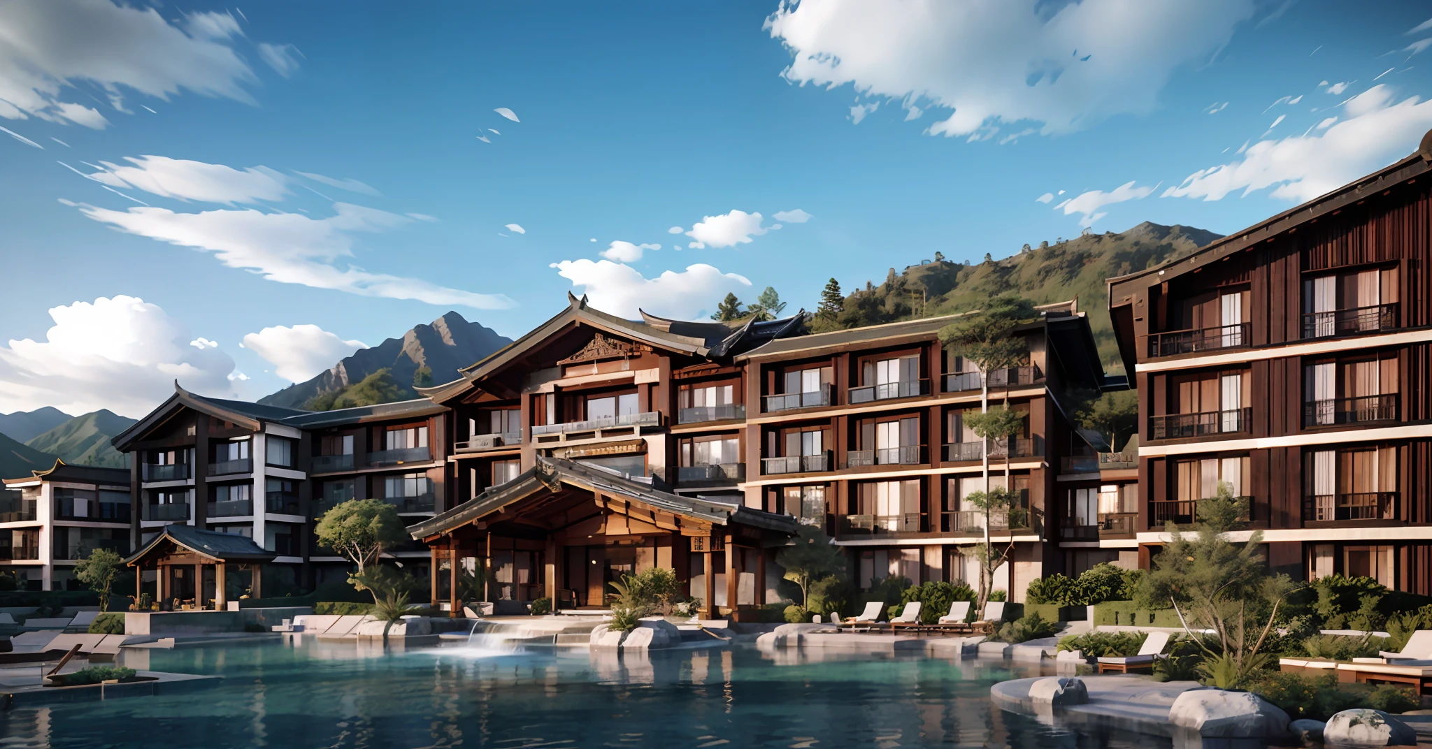 Lijiang，4 star hotel，（tmasterpiece，Asian perspective，ssee-through，Three layers，Open balcony，Open space，Lots of balconies，Lots of windows），A fusion of modern and vernacular architecture，Wood and stone，The roof has curves and warping angles，realistic cgi render，archviz，Flowers and trees，with blue sky and white clouds