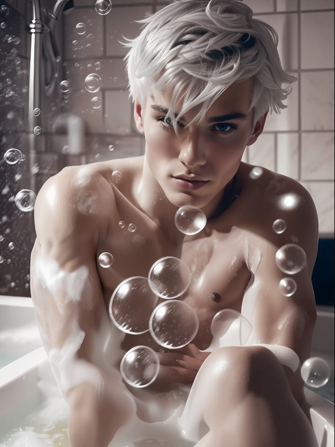 a young and handsome male standing in the bath , 20 years old, white hair , wearing nothing, bathtub , sexy posing , milk bath photography, photoshoot by Helmut Newton, soap bubbles around the body, top quality