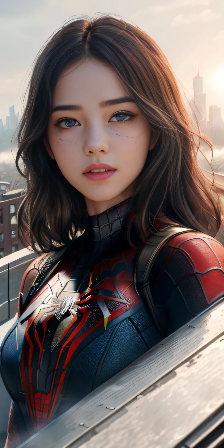 (1girl:1.3), Solo, (((Very detailed face)))), ((Very detailed eyes and face)))), Beautiful detail eyes, Body parts__, Official art, Unified 8k wallpaper, Super detailed, beautiful and beautiful, beautiful, masterpiece, best quality, original, masterpiece, super fine photo, best quality, super high resolution, realistic realism, sunlight, full body portrait, amazing beauty, dynamic pose, delicate face, vibrant eyes, (from the front), She wears Spider-Man suit, red and black color scheme, spider, very detailed city roof background, rooftop, overlooking the city, detailed face, detailed complex busy background, messy, gorgeous, milky white, highly detailed skin, realistic skin details, visible pores, clear focus, volumetric fog, 8k uhd, DSLR, high quality, film grain, fair skin, photo realism, lomography, futuristic dystopian megalopolis, translucent
