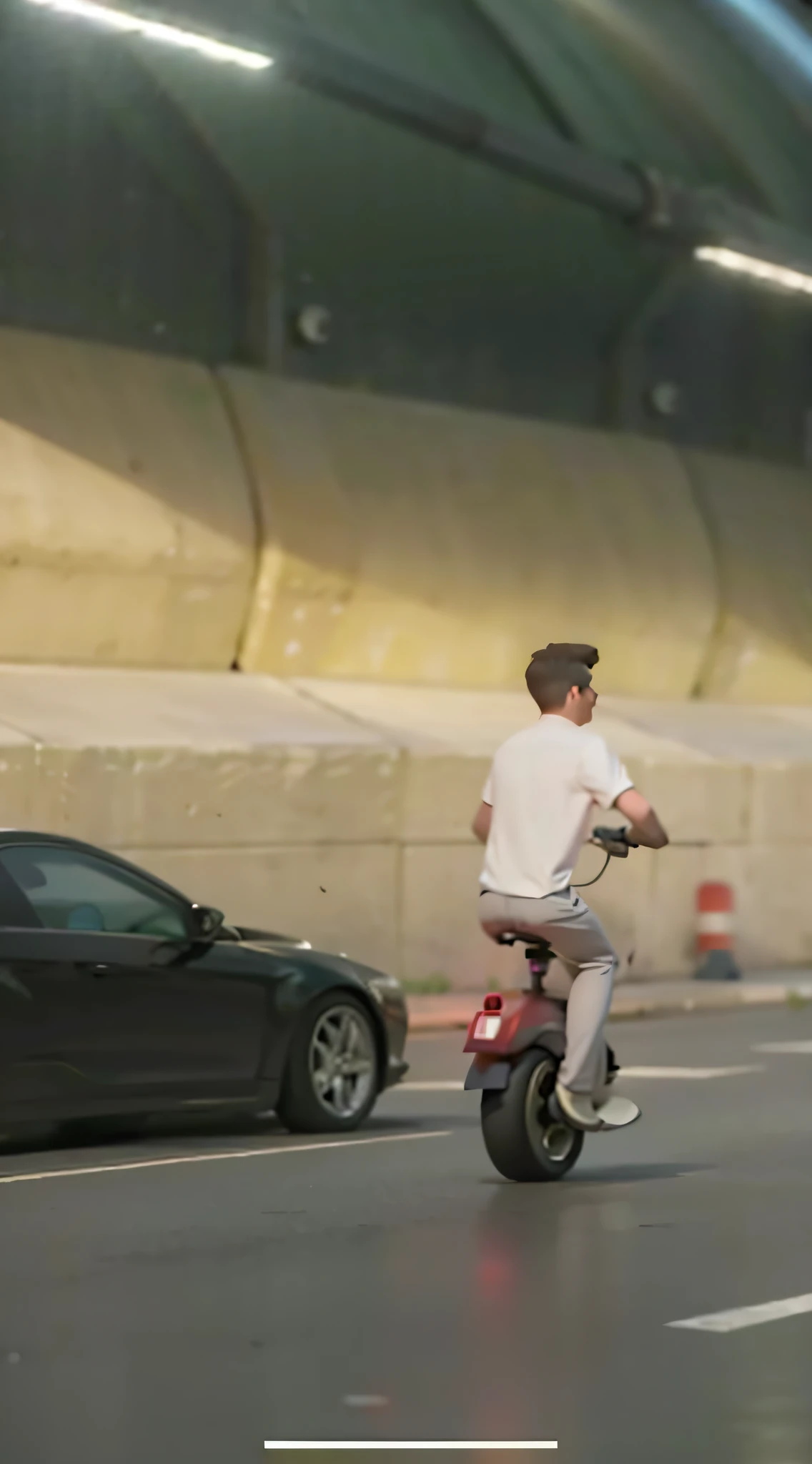 Inside the tunnel was a man riding a wheelbarrow, riding on the moped scooter, High-quality footage, Balance the unicycle leak, Ride in a futuristic unicycle, Ride a motorcycle on it, The Car, chasing action scene, riding on the road, Clear shots