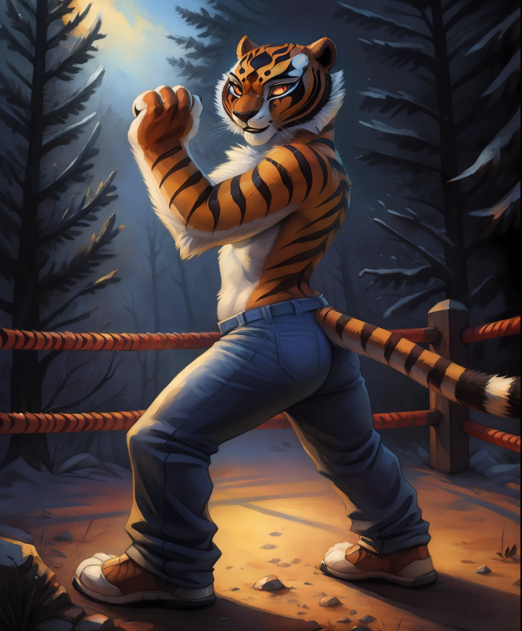 (by kenket:0.8) (by photonoko:0.5) (by Arthur Lismer:0.6), (by pixelsketcher:0.4), master tigress, ((masterpiece, best quality)),(complex light),full body of tigress ,1girl, solo, furry female , anthro tiger,no humans,pants, standing, fighting stance