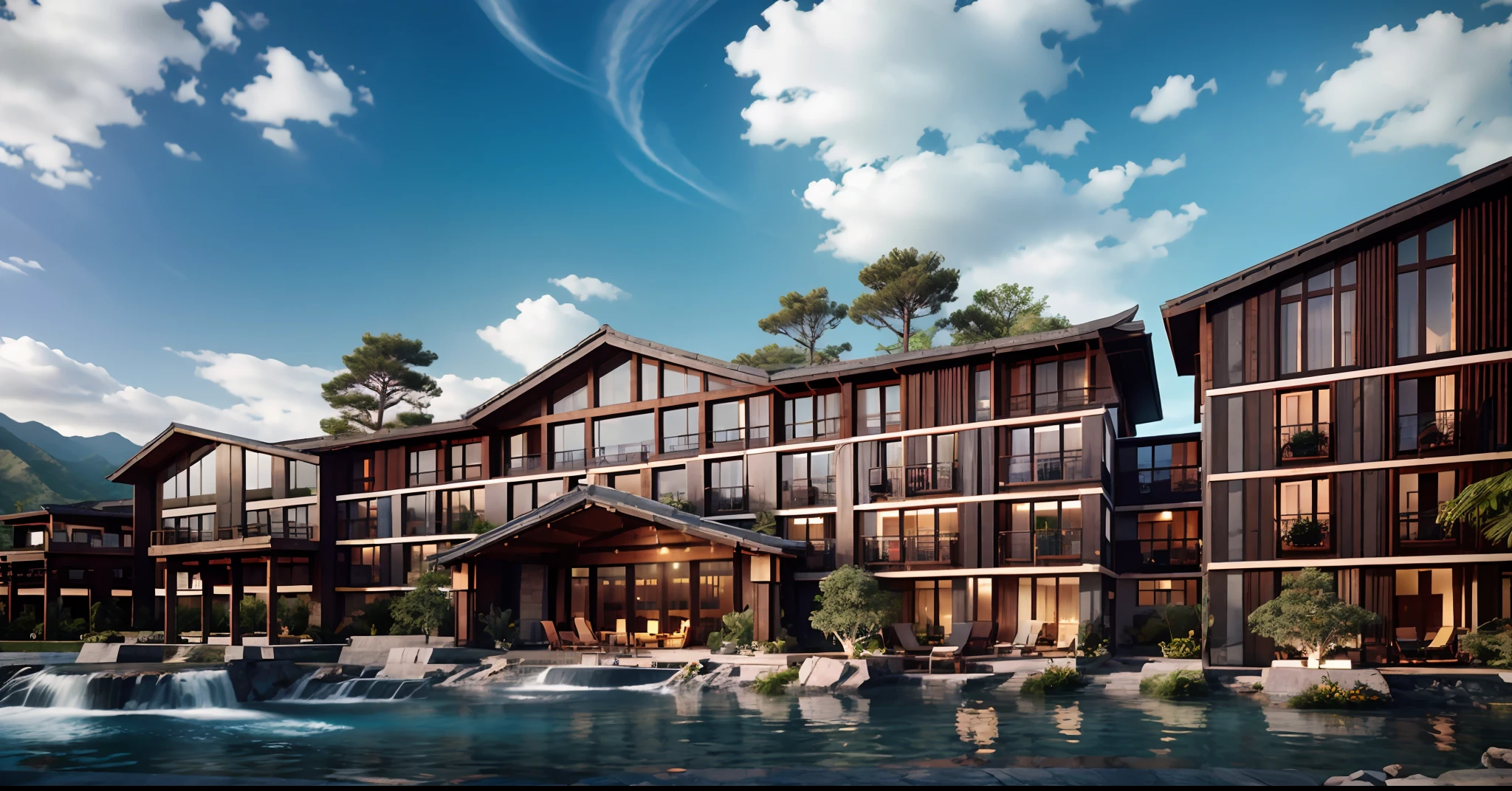 Lijiang，4 star hotel，（tmasterpiece，Asian perspective，ssee-through，Three layers，Open balcony，Open space，Lots of balconies，Lots of windows），A fusion of modern and vernacular architecture，Wood and stone，The roof has curves and warping angles，realistic cgi render，archviz，Flowers and trees，with blue sky and white clouds