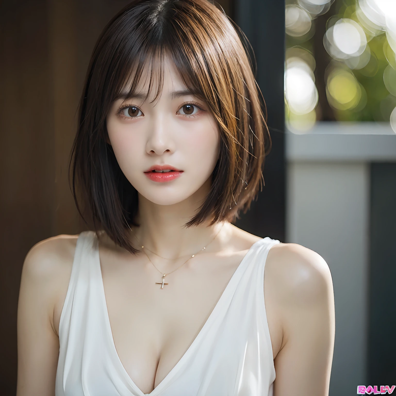 ((Layered Haircut、Colossal tits:1.2)),(photographrealistic:1.4), (Hyper realistic:1.4), (Realistic:1.3), (Smoother lighting:1.05), (increase cinematic lighting quality:0.9), 32K, 1girl in,25-years old, Realistic lighting, Backlighting, Light on Face, raytrace, (Brightening light:1.2), (Increase quality:1.4), (Top quality real texture skins:1.4), finely detailed eyes, finerly detailed face, (tired and sleepy and joy:0),a necklace, (Increase body line mood:1.1), (Increase the beauty of skin texture:1.1),Colossal tits,cunt,full bodyesbian