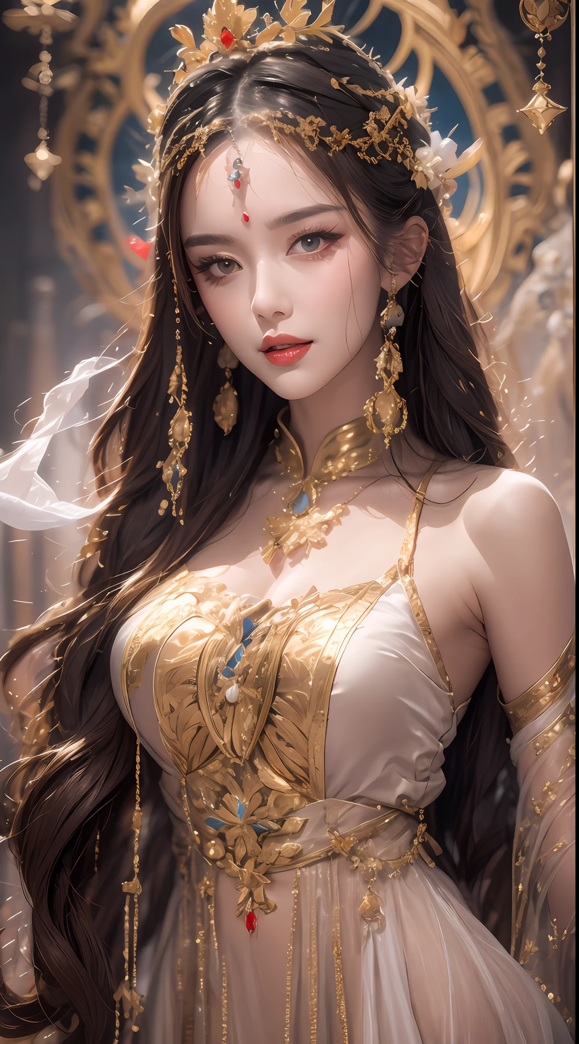 1 beautiful 27-year-old saint, charming adult saint in a long dress made of thin silk, flawless beautiful face, adult, wearing a thin multicolored silk dress, beautiful face without blemishes, (((Natural smile:1.0))), ((flat bangs:0.5)), (((platinum long hair:0.5))), big crown, hair brooch, hanfu dress, fanciful hanfu style, full body jewelry, forehead tattoo, super even chest, beautiful and pretty face, The most beautiful and detailed light red lipstick, ((Thin plump lips:0.3)), ((Golden Eyes color:1.2)), Detailed and delicate lighting effects, light and dark, dramatic lighting, magical light, extremely detailed light, true color, super sharp, realistic, 8k quality, fantasy universe background, saints and magical space, the most detailed images, ((Solo:0.3)), ((a saintess:0.6)), ((looking directly at the saint's upper body:0.4)), upper body, ((smooth skin:0.5)), ((the holy woman's veil:0.6)), ((solo:0.5)), ((alone girl:0.4)), female saint portrait, short images, Upper body portrait, [open mouth], Digital Realistic, ((fanciful red smoke effect:1.2)),