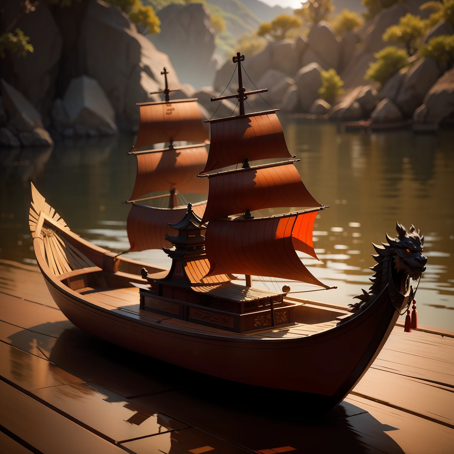 Chinese dragon boats,A small boat has a wooden Chinese dragon on the bow,(Local close-up),(light and shadow effect),(tmasterpiece),(detailed descriptions),(film effect),(4k高清)