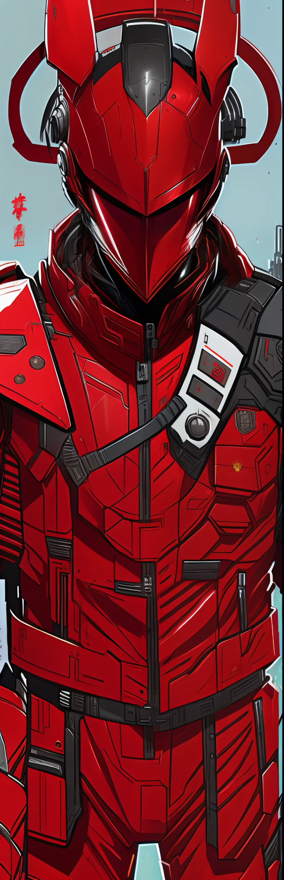 Close-up of a man wearing a red helmet and a red jacket, akira style illustration, akira art style, akira color palette, akira movie style, Red Uniform, hyper detail illustration, akira style, Red armor, in the style of akira, star citizen digital art, crimson attire, expert high detail concept art, eye-catching detailed art style, akira artstyle