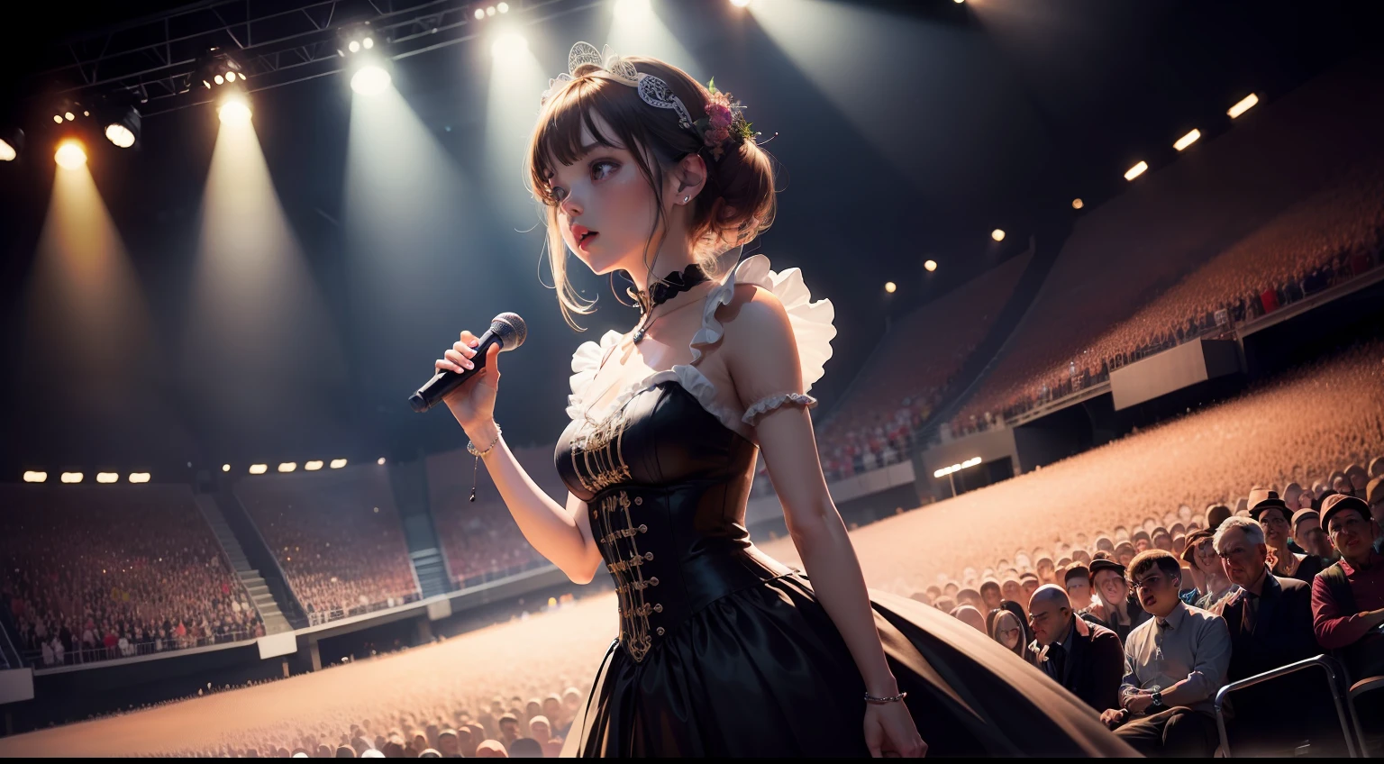 Concert,Big stage,offcial dress,lamplight,Lots of spectators,dutch angle,