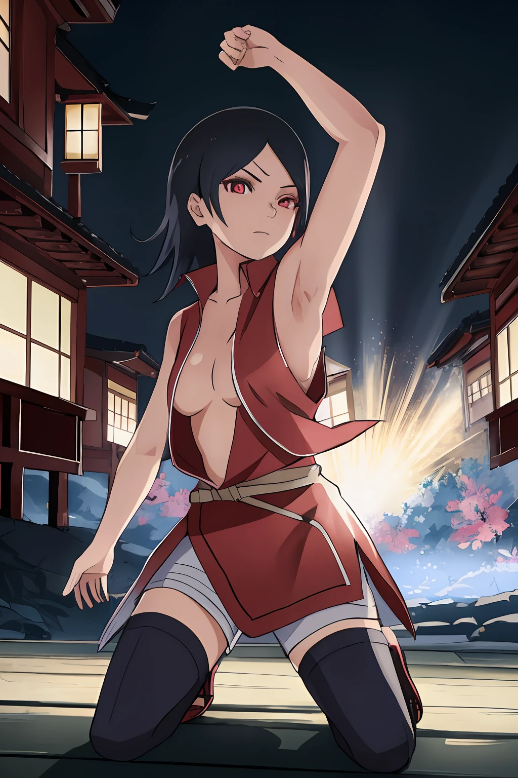 1girl, (Uchiha_Sarada), standing in front of japanese dojo, looking fierce angry towards viewer, masterpiece, intricate detail, detailed hands, detailed eyes, full body, (japanese dojo), (((masterpiece))), (highest quality), ((perfect face)), very deep eyes, (cinematic lighting), detailed eyes, best quality, bishoujo, sidelight, (intricate details), detailed finger, highres, superb, 8k wallpaper, extremely detailed, intricate, award-winning, hyper-detailed, hard lighting, intricate details, eyes focus, (illustration:1.1), highres, (beautiful face:1.15), trending on artstation, dynamic pose, warm lighting, cinematic shot, god rays, presenting armpit, ((side boob)), arm up, armpits, clothes flipped, ((open shirt))
