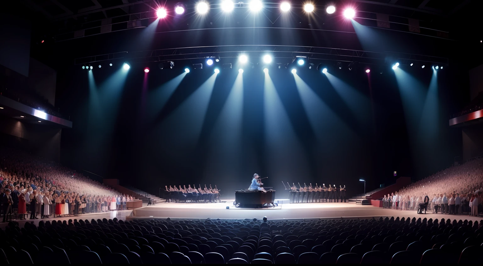 Concert，Big stage，offcial dress，lamplight，Lots of spectators，dutch angle，