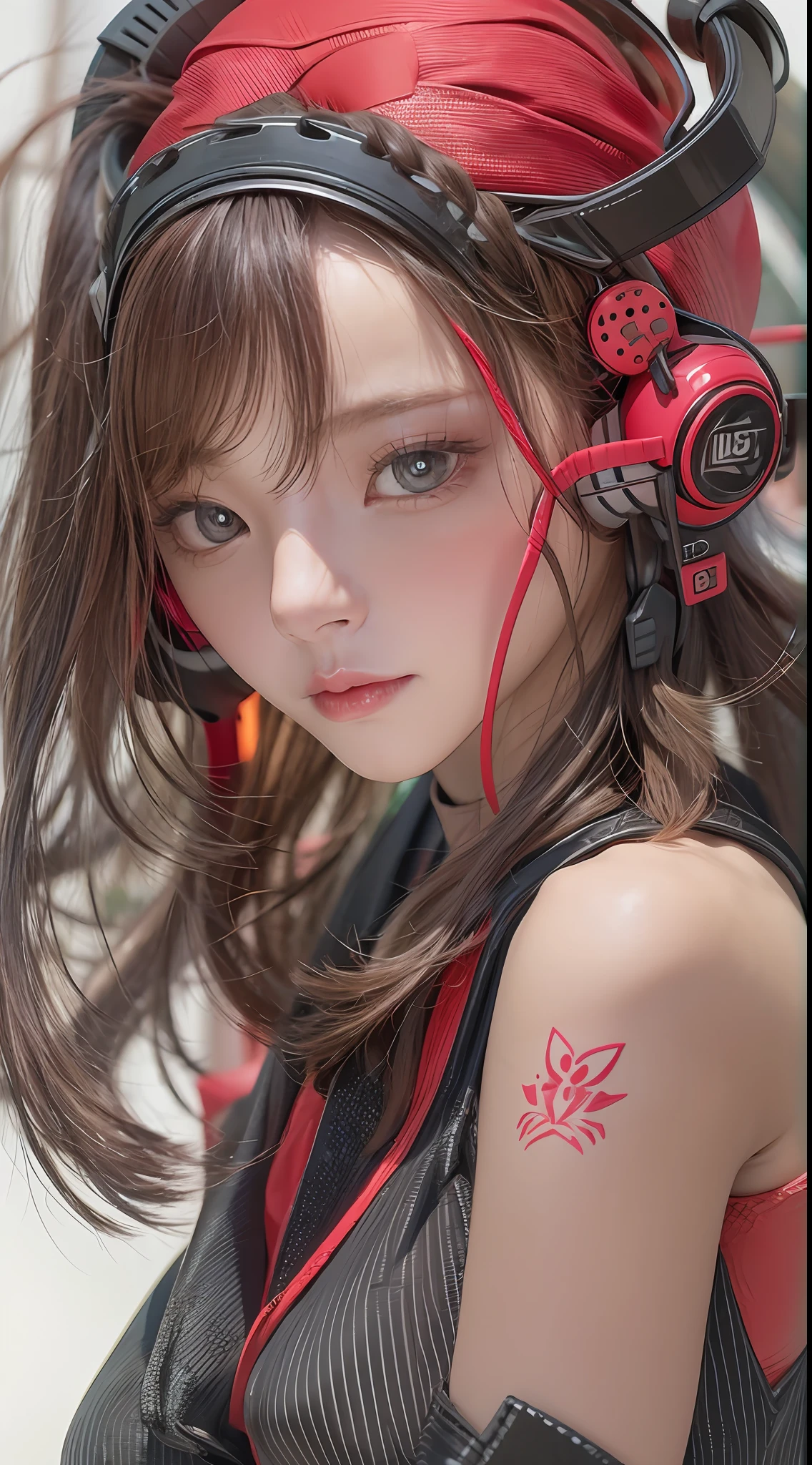 ​masterpiece, 1 beautiful girl, Detailed eye, Swollen eyes, top-quality, 超A high resolution, (reality: 1.4), 电影灯光, japanes, a asian beauty, very extremely beautiful, Beautiful skins, A slender, Forward-facing body, (A hyper-realistic), (hight resolution), (8K), (ighly detailed), ( Best Illustration), (beautifully detailed eyes), (ultra-detailliert), 详细的脸, Bright lighting, Professional lighting、The background is a cyberpunk room with many monitors、The cord is connected from the costume、Hair color is red、headset on head、small tattoo on face、Female Game Commentator、Facing straight ahead、short-hair、