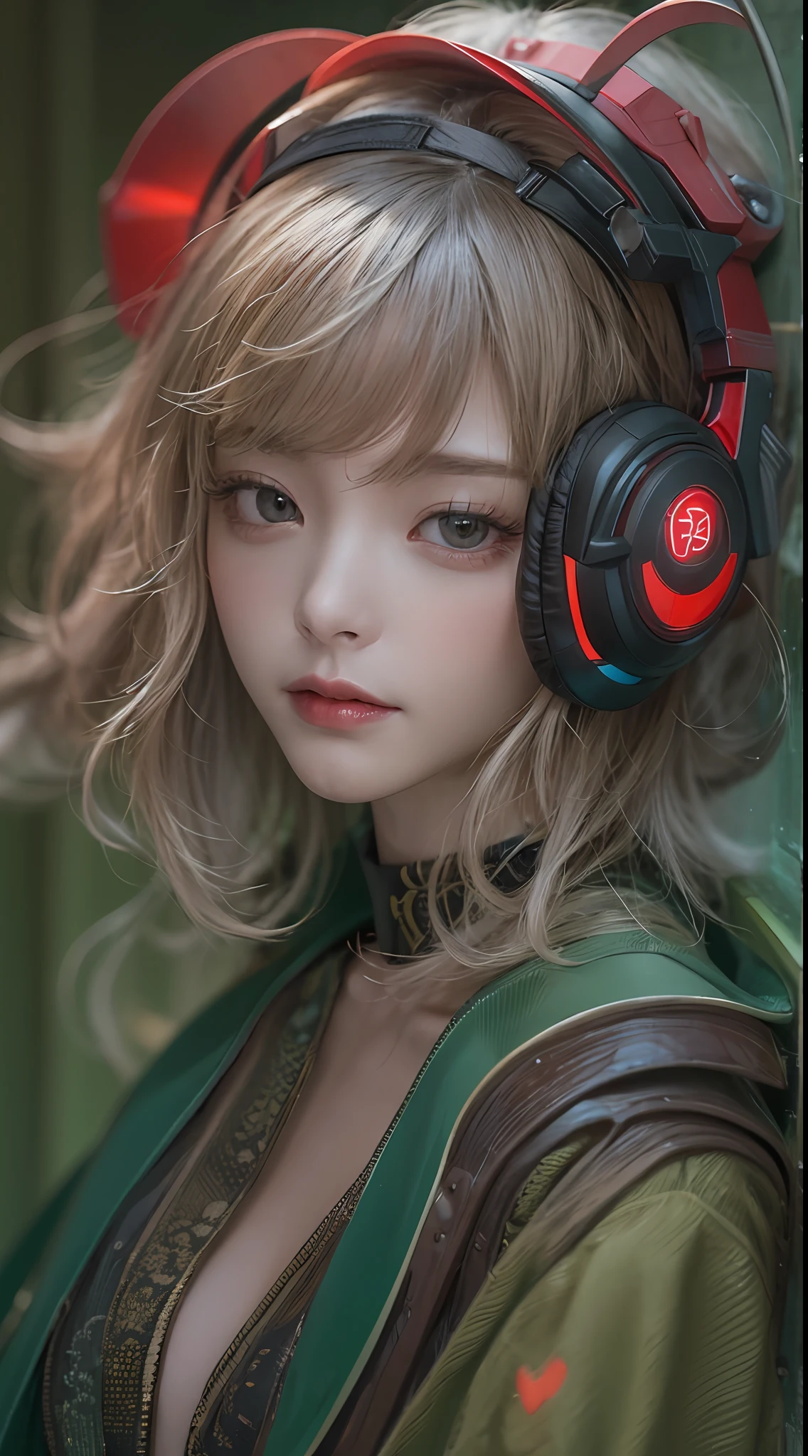 masterpiece, 1 beautiful girl, Detailed eye, Swollen eyes, top-quality, 超A high resolution, (reality: 1.4), 电影灯光, japanes, a asian beauty, very extremely beautiful, Beautiful skins, A slender, Forward-facing body, (A hyper-realistic), (hight resolution), (8K), (ighly detailed), ( Best Illustration), (beautifully detailed eyes), (ultra-detailliert), 详细的脸, Bright lighting, Professional lighting、The background is a cyberpunk room with many monitors、The cord is connected from the costume、Hair color is red、headset on head、small tattoo on face、Female Game Commentator、Facing straight ahead、short-hair、