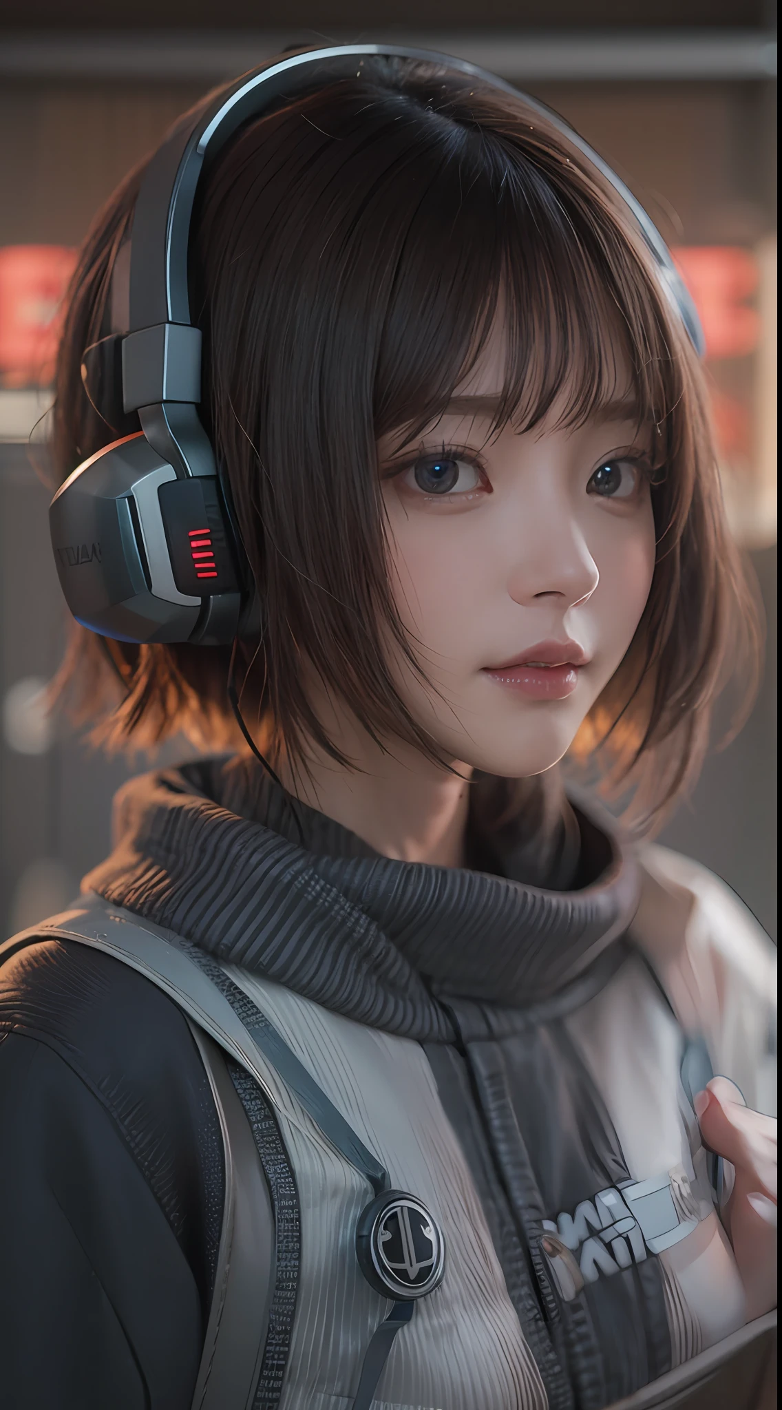 masterpiece, 1 beautiful girl, Detailed eye, Swollen eyes, top-quality, 超A high resolution, (reality: 1.4), 电影灯光, japanes, a asian beauty, very extremely beautiful, Beautiful skins, A slender, Forward-facing body, (A hyper-realistic), (hight resolution), (8K), (ighly detailed), ( Best Illustration), (beautifully detailed eyes), (ultra-detailliert), 详细的脸, Bright lighting, Professional lighting、The background is a cyberpunk room with many monitors、The cord is connected from the costume、Hair color is red、headset on head、small tattoo on face、Female Game Commentator、Facing straight ahead、short-hair、