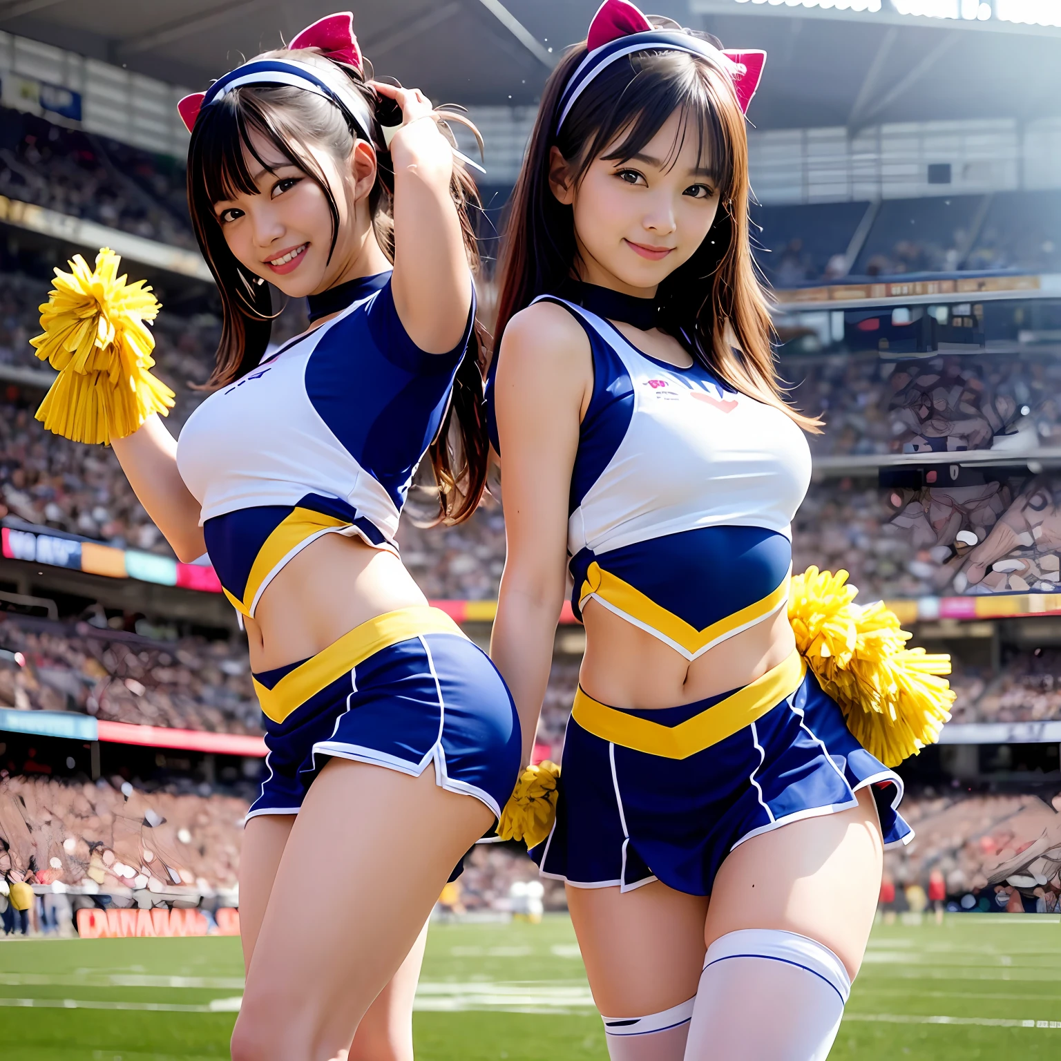 Two Ala-Fed Asian cheerleaders posing dynamically with pom-poms in stadium, close-up, cosplay photo, anime cosplay, small breasts, RAW photo, best quality, high resolution, (masterpiece), (photorealistic:1.4), professional photography, sharp focus, HDR, 8K resolution, complex details, depth of field, Highly detailed CG Unity 8k wallpaper, front light, NSFW, women, girl, beautiful supermodel, smile, slender, small cheer uniform, yellow,