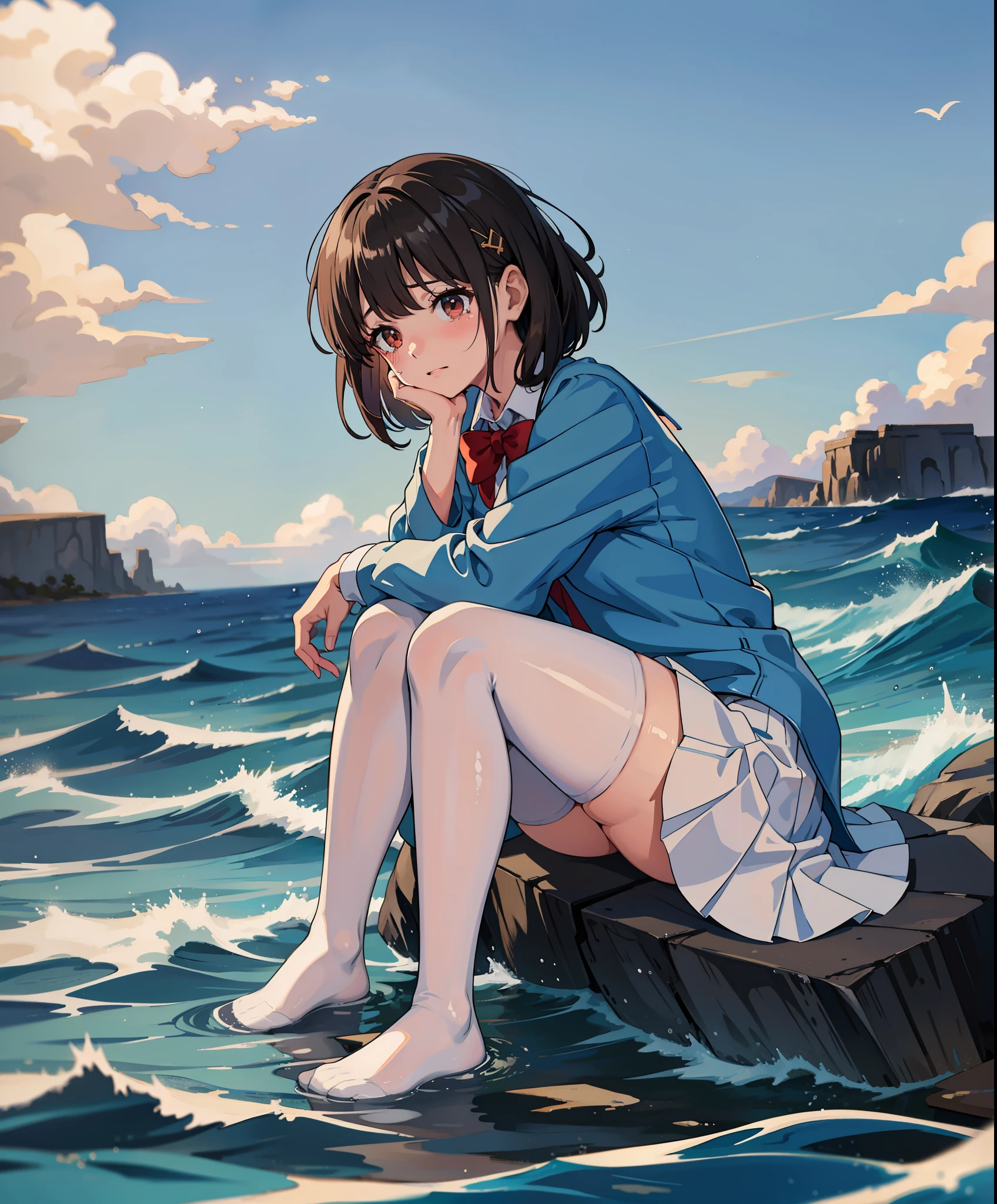 A girl in a school uniform sits on a rock by the sea,Her clothes were soaked with water,White pantyhose,Short brown hair,(completly,She is surrounded by sand and sea。。,。 tears streaming down her face,Her sobs were the only sound in the otherwise quiet and desolate seashore。red bowtie, The rain continued to fall,Waves formed around her
