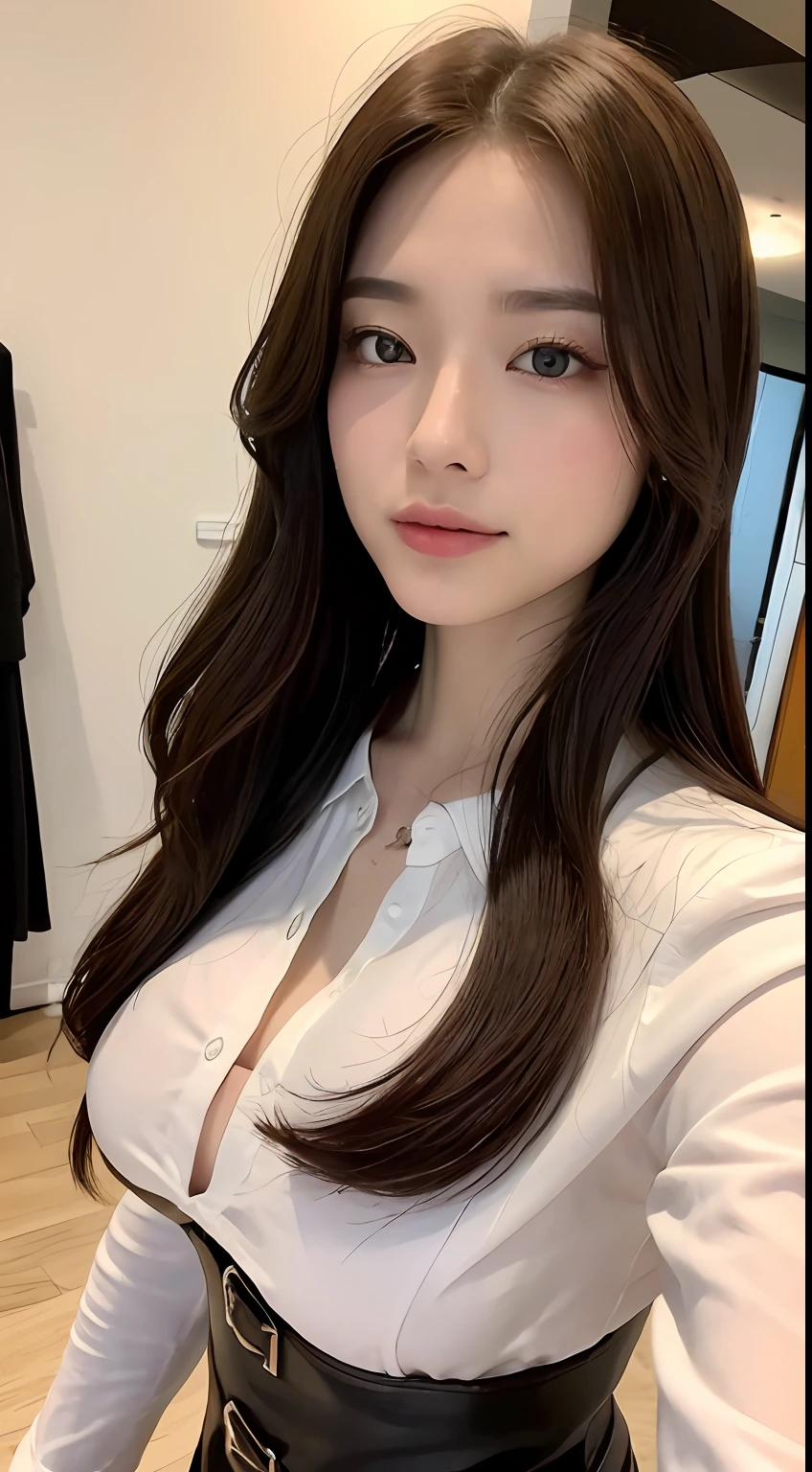 Witch costume、((top-quality、8k、masterpiece:1.3))、Crisp focus:1.2、Beautiful Women in Perfect Style:1.4、Slender abs:1.2、((Dark brown hair、huge tit:1.2))、(White button-up long shirt:1.1)、shrines:1.2、Highly detailed facial and skin texture、A detailed eye、二重まぶた