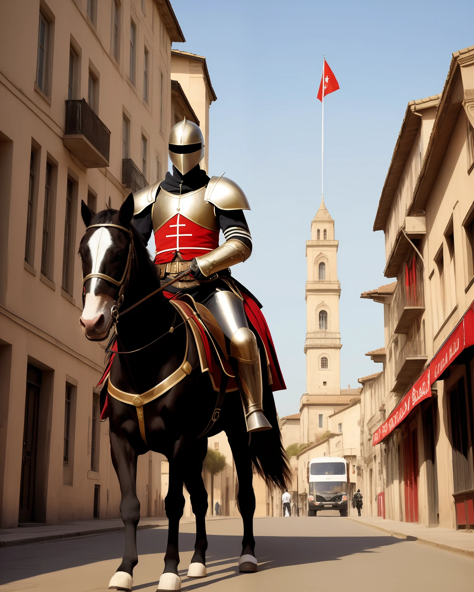 high qulity，cavalier，a shield，armour，Background city，masked，flagpole，arma，Sell cigarettes，