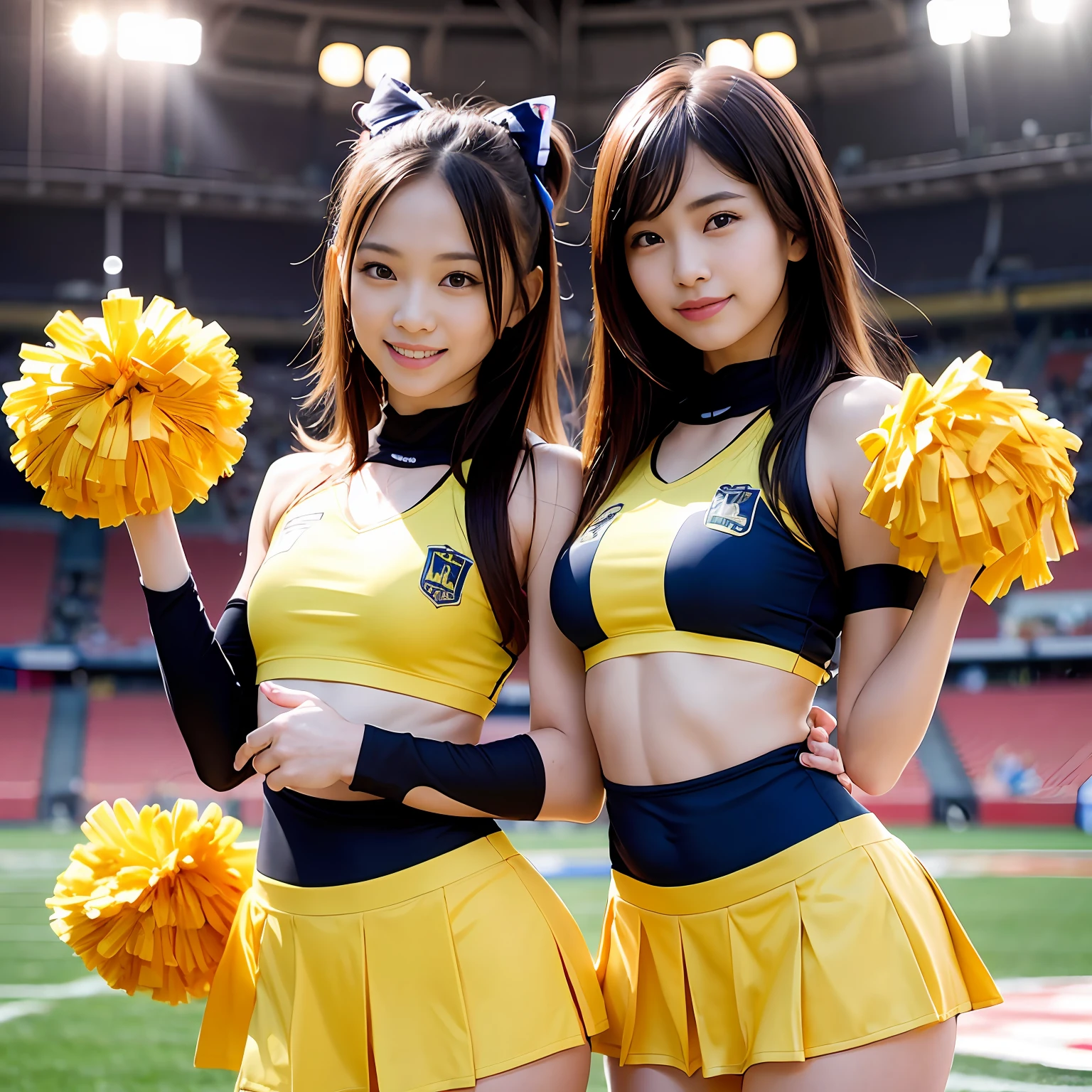 Two Ala-Fed Asian cheerleaders posing dynamically with pom-poms in stadium, close-up, cosplay photo, anime cosplay, small breasts, RAW photo, best quality, high resolution, (masterpiece), (photorealistic:1.4), professional photography, sharp focus, HDR, 8K resolution, complex details, depth of field, Highly detailed CG Unity 8k wallpaper, front light, NSFW, women, girl, beautiful supermodel, smile, slender, small cheer uniform, yellow,