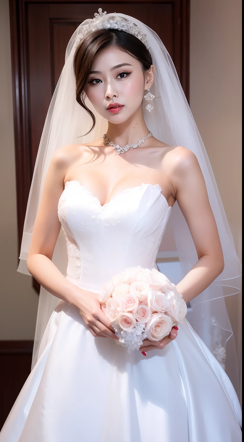 Fashion model 18 years old [[[[closeup cleavage]]]], [[[[boobgasm]]]], [[[[coll]]]], [[[[bshoulders]]]], perfect  eyes, Perfect iris，perfect lips，perfect teeth，Perfect skin，Long face，Soft front light，HDR，filmgirl,wedding gown，（pastel colour：1.2）