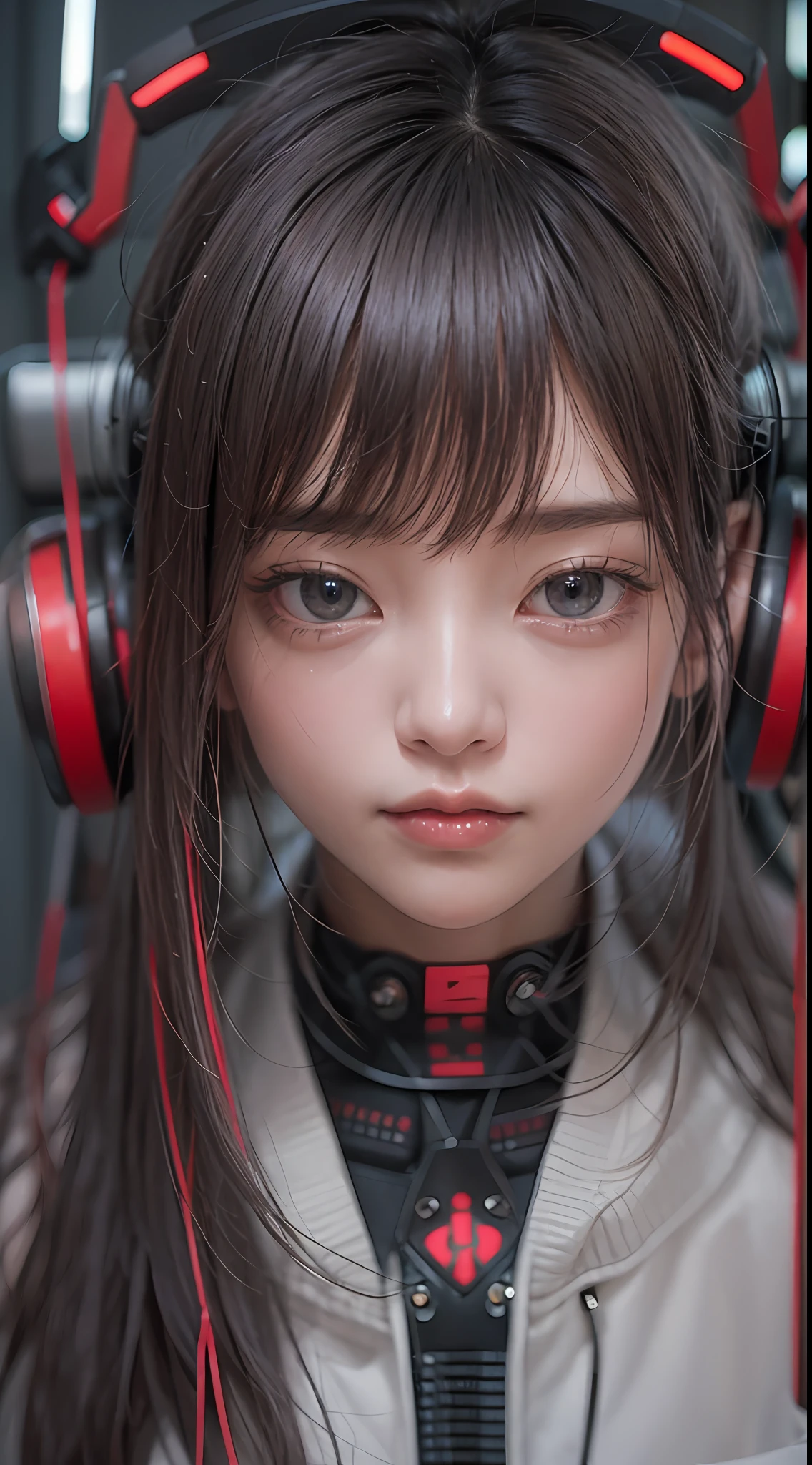 masterpiece, 1 beautiful girl, Detailed eye, Swollen eyes, top-quality, 超A high resolution, (reality: 1.4), 电影灯光, japanes, a asian beauty, very extremely beautiful, Beautiful skins, A slender, Forward-facing body, (A hyper-realistic), (hight resolution), (8K), (ighly detailed), ( Best Illustration), (beautifully detailed eyes), (ultra-detailliert), 详细的脸, Bright lighting, Professional lighting、The background is a cyberpunk room with many monitors、The cord is connected from the costume、Hair color is red、headset on head、small tattoo on face、Female Game Commentator、Facing straight ahead、short-hair、