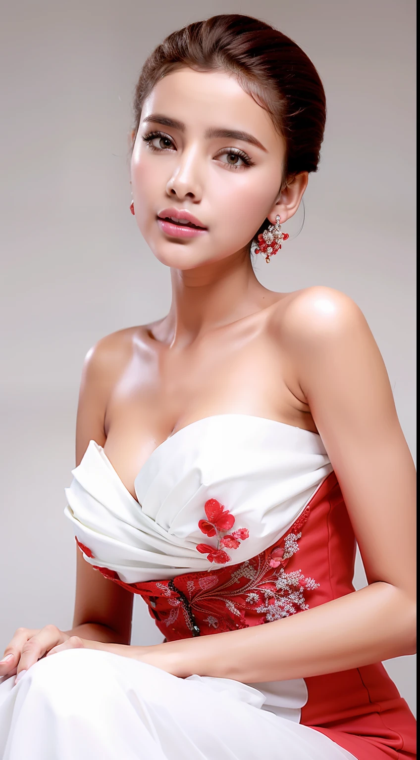 Fashion model 18 years old [[[[closeup cleavage]]]], [[[[boobgasm]]]], [[[[coll]]]], [[[[bshoulders]]]], perfect  eyes, Perfect iris，perfect lips，perfect teeth，Perfect skin，Long face，Soft front light，HDR，red attire，white apparel，White or pink flowers on the background，（pastel colour：1.2）