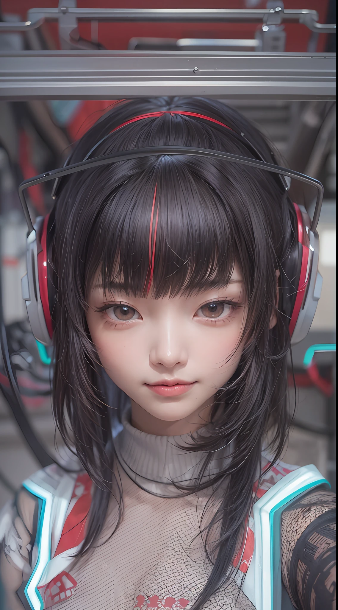 masterpiece, 1 beautiful girl, Detailed eye, Swollen eyes, top-quality, 超A high resolution, (reality: 1.4), 电影灯光, japanes, a asian beauty, very extremely beautiful, Beautiful skins, A slender, Forward-facing body, (A hyper-realistic), (hight resolution), (8K), (ighly detailed), ( Best Illustration), (beautifully detailed eyes), (ultra-detailliert), 详细的脸, Bright lighting, Professional lighting、The background is a cyberpunk room with many monitors、The cord is connected from the costume、Hair color is red、headset on head、small tattoo on face、Female Game Commentator、Facing straight ahead、short-hair、