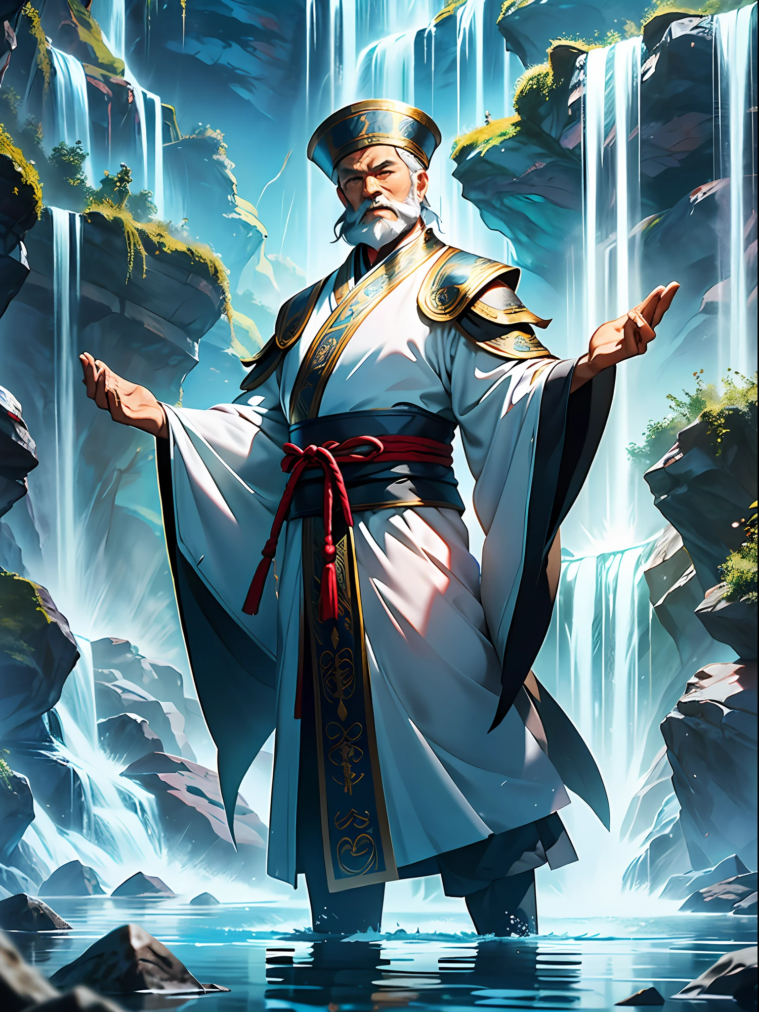 A Taoist priest, Wearing a costume, 65 yeas old, gray hair and beard, standing in water, had his hands folded, Next to it is a barrier formed by water, The background is a waterfall, Eye level shots, Sony FE GM, Ultra-Wide Angle, Masterpiece, Anatomically correct, Super detail