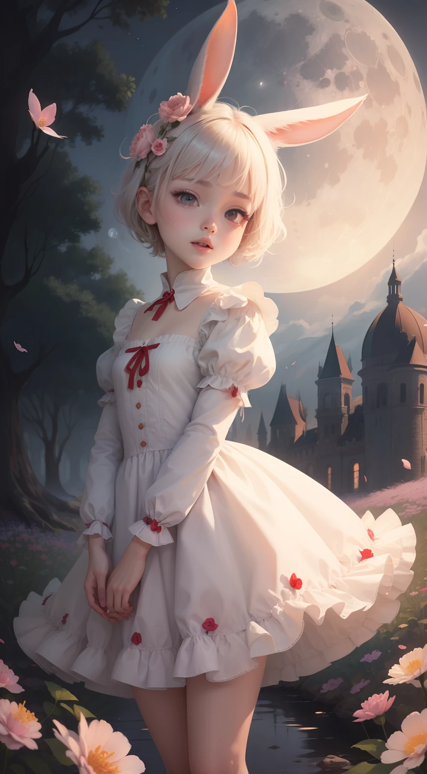 (masterpiece, best quality:1.2), illustration, absurdres, highres, extremely detailed, 1 petite girl, white short hair, rabbit ears, red eyes, eye highlights, dress, short puffy sleeves, frills, outdoors, flower, fluttering petals, upper body, (moon:1.2), night, depth of field, (:d:0.8),