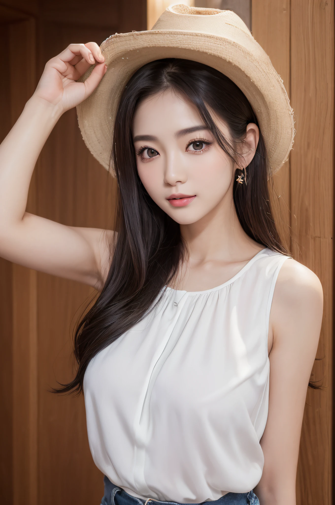 ((best qualtiy、8k masterpieces:1.3))、foco nítido:1.2、(ultra beautiful faces:1.0)、(shinny skin:1.0)、photos realistic、A dark-haired、Video Lighting、High-definition eyes and face、Video Lighting、(cowboy  shot:1.3)、(Korean Cute Actress)、from the front side、ssmile、Sleeveless、Slender Abs Beauty、Wearing a white blouse