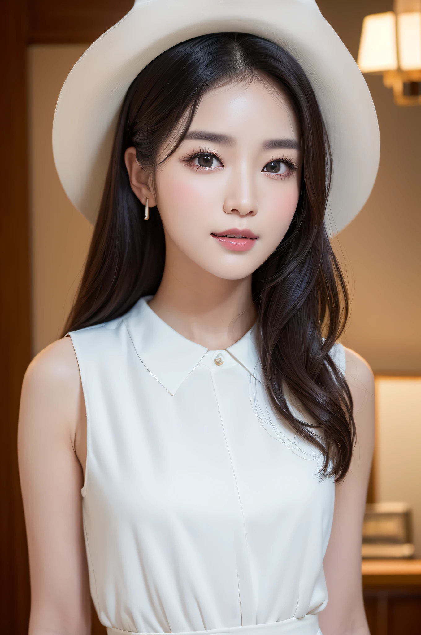 ((best qualtiy、8k masterpieces:1.3))、foco nítido:1.2、(ultra beautiful faces:1.0)、(shinny skin:1.0)、photos realistic、A dark-haired、Video Lighting、High-definition eyes and face、Video Lighting、(cowboy  shot:1.3)、(Korean Cute Actress)、from the front side、medium large breasts、ssmile、Sleeveless、Wearing a white blouse
