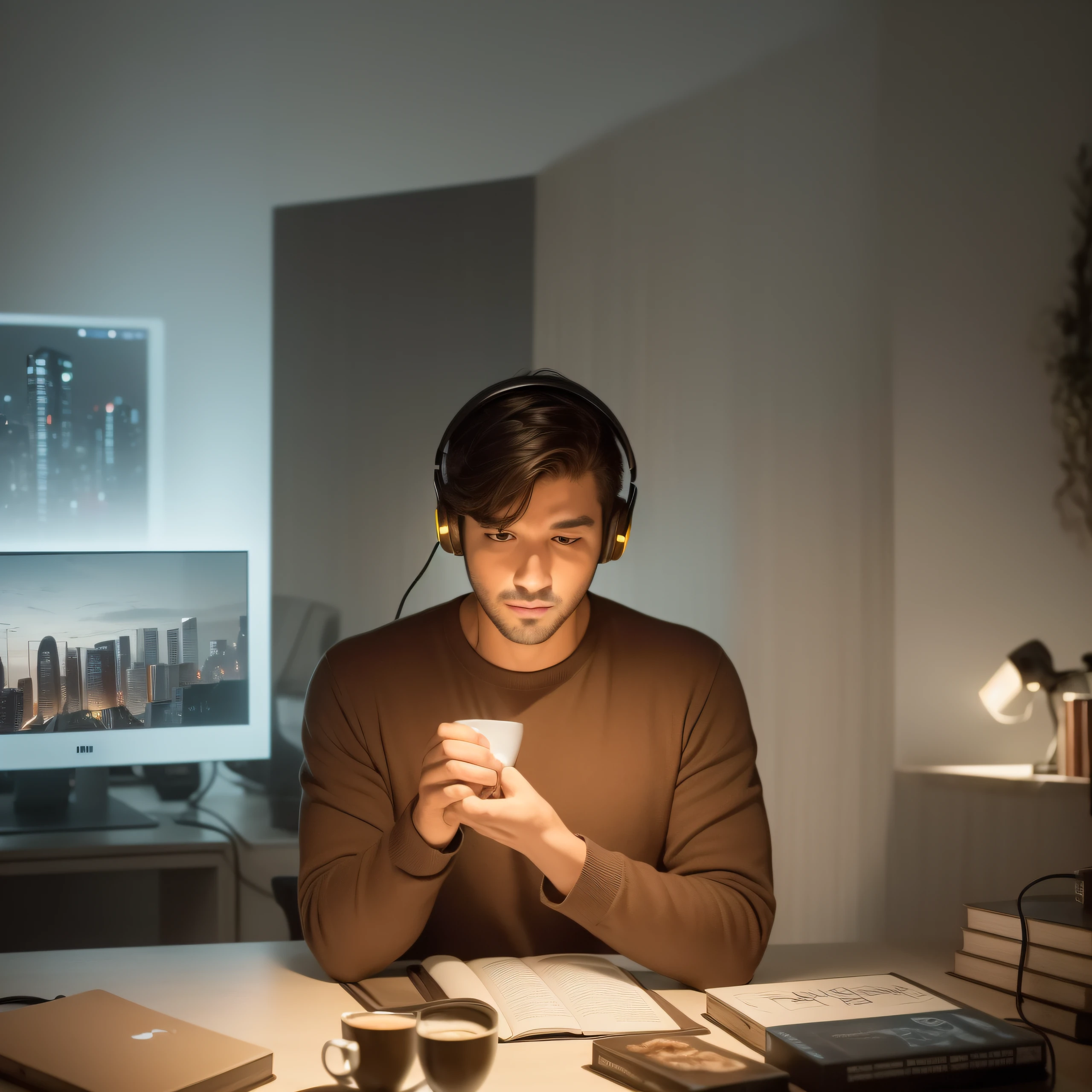 (homem de perfil com headset, in front of a computer and multiple screens with images of cityscapes, cozy atmosphere with steaming coffee, books carefully stacked on the table and a lamp with soft yellow light)