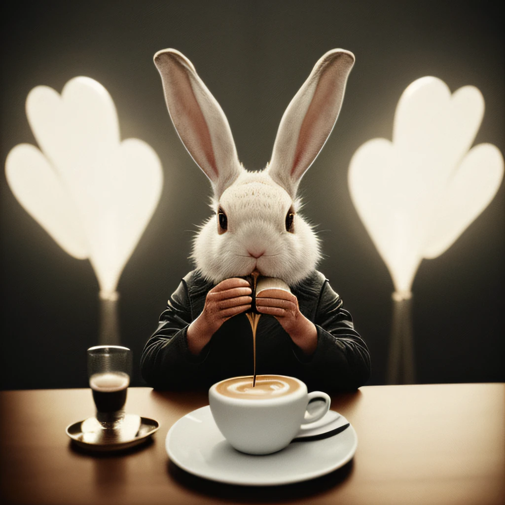 a person with a rabbit's head sitting at a table, (((drinking coffee))) enquanto a sala queima, fogo, queimando, (((chamas))), mesa em chamas, Coffee on fire