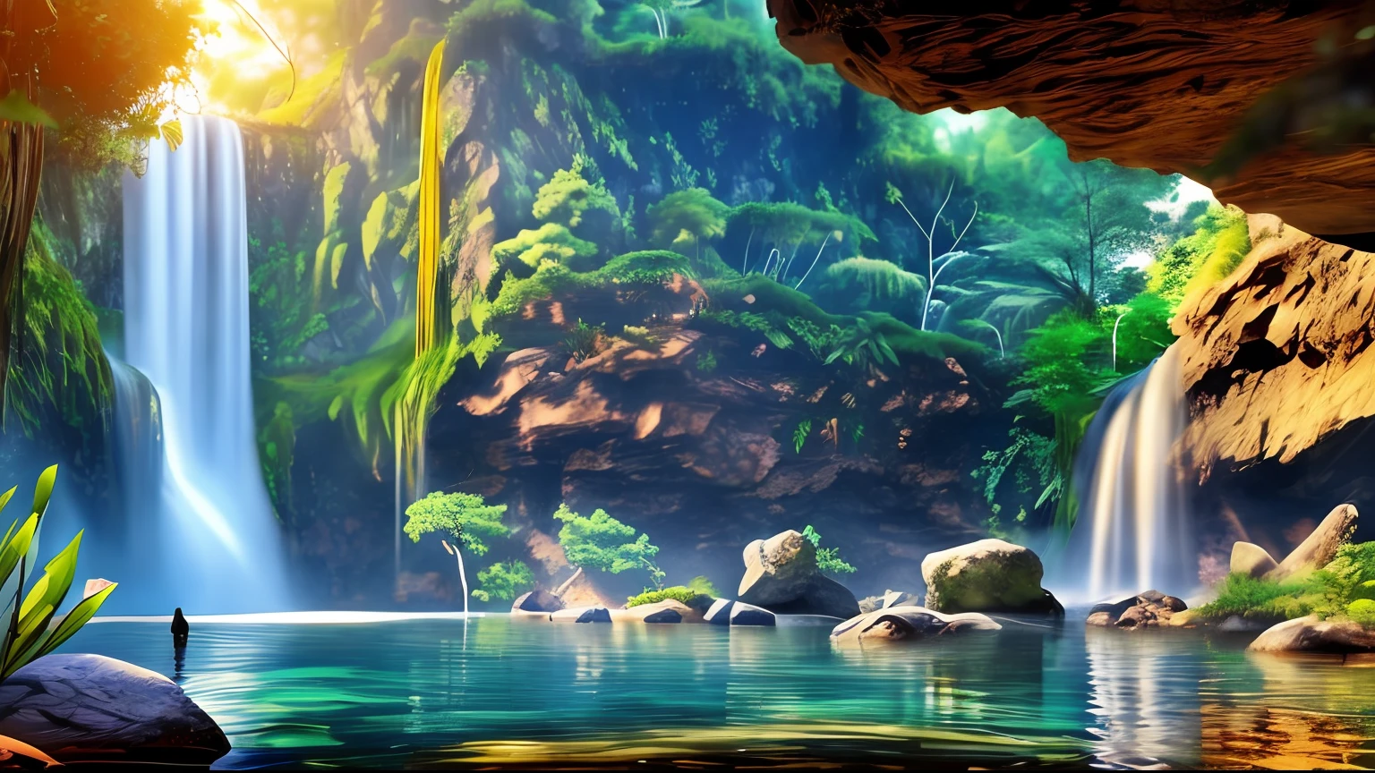 Chinese ancient times, spring, jungle, lake, cave, waterfall, tree, meadow, rock, deer, hot spring, water vapor, (illustration: 1.0), epic composition, realistic lighting, HD details, masterpiece, best quality, (very detailed CG unified 8k wallpaper)