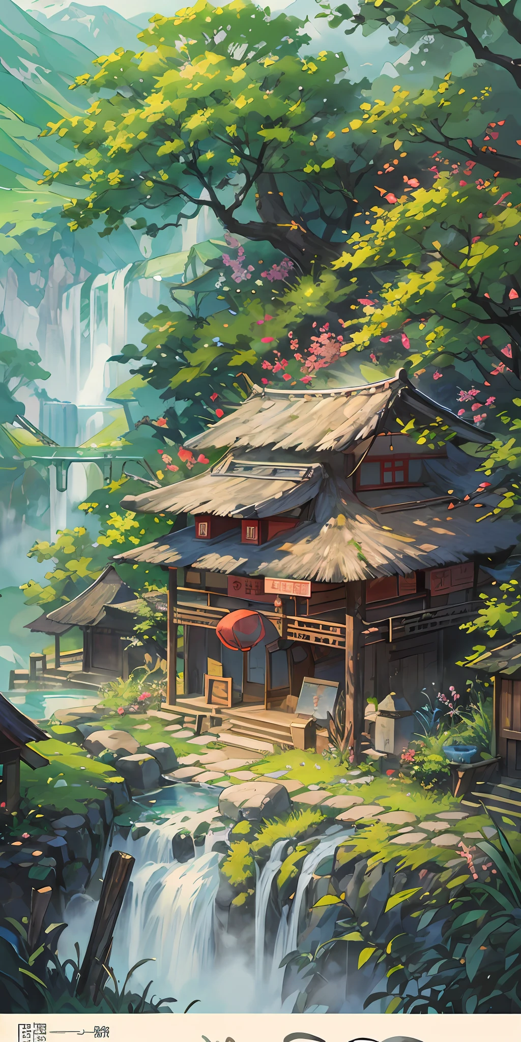 Chinese Antiquity、thatched hut、springtime、jungles、lakes、hole in the mountains、waterfallr,The tree、grassy fields、Rochas、hot onsen、hydrosphere、(illustratio:1.0)、Epic composition、Realistic lighting、high definition detail、tmasterpiece、Best quality,(非常详细的 CG 统一 8k 壁纸)