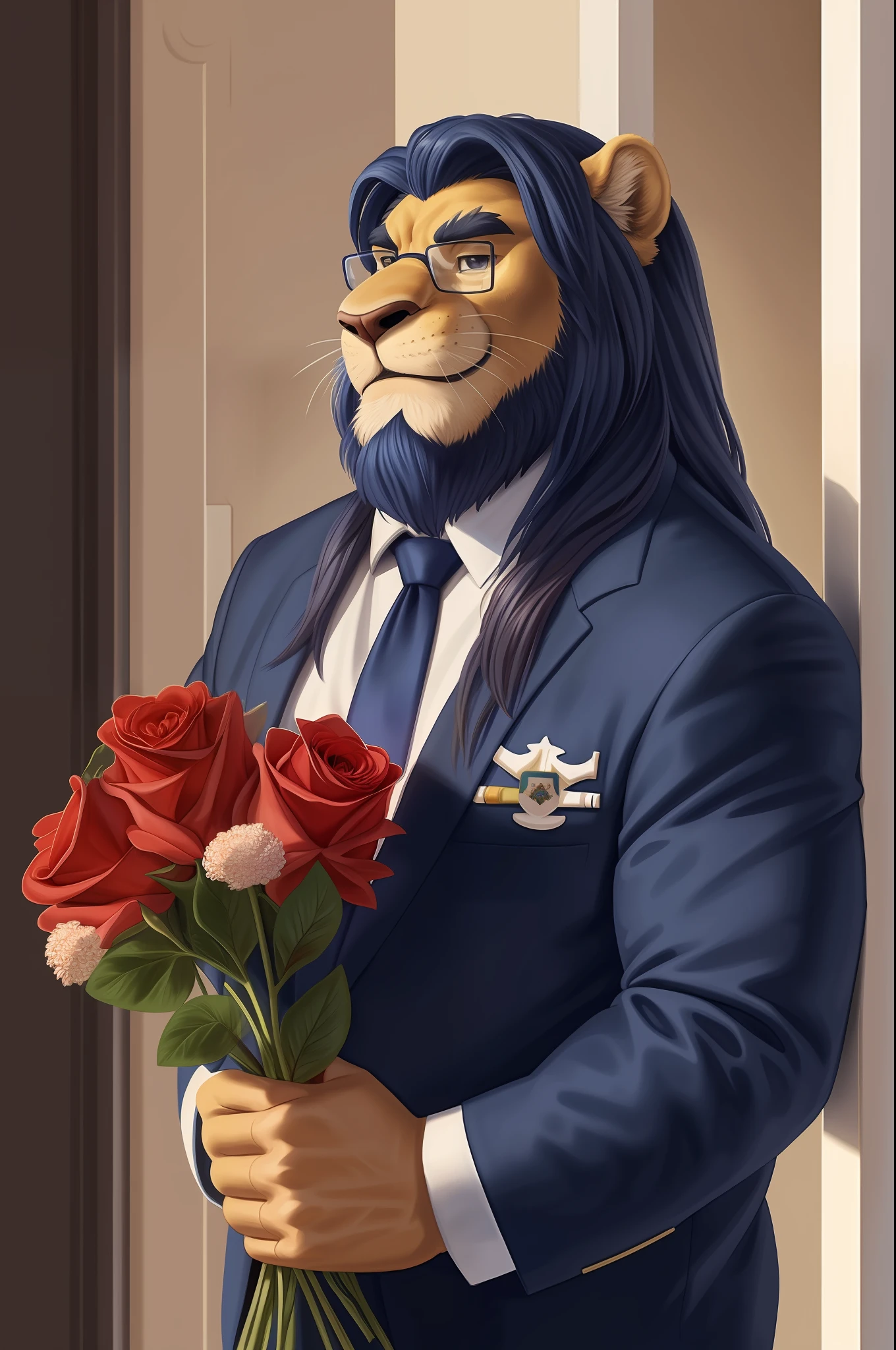 old chubby lion, accessory, anthro, glasses, (navy blue long hair:1.3), seductive look, bedroom eyes, looking at viewer, facial hair, inside, indoors, entering house, bouquet, clothing, countershading, flower, rose bouquet,holding bouquet, holding flower, holding object, male, mane, petals, pockets, rose, smile, solo, business suit, (hi res, best quality, high quality, detailed, shaded, shading, masterpiece:),(by rossciaco, by adios)