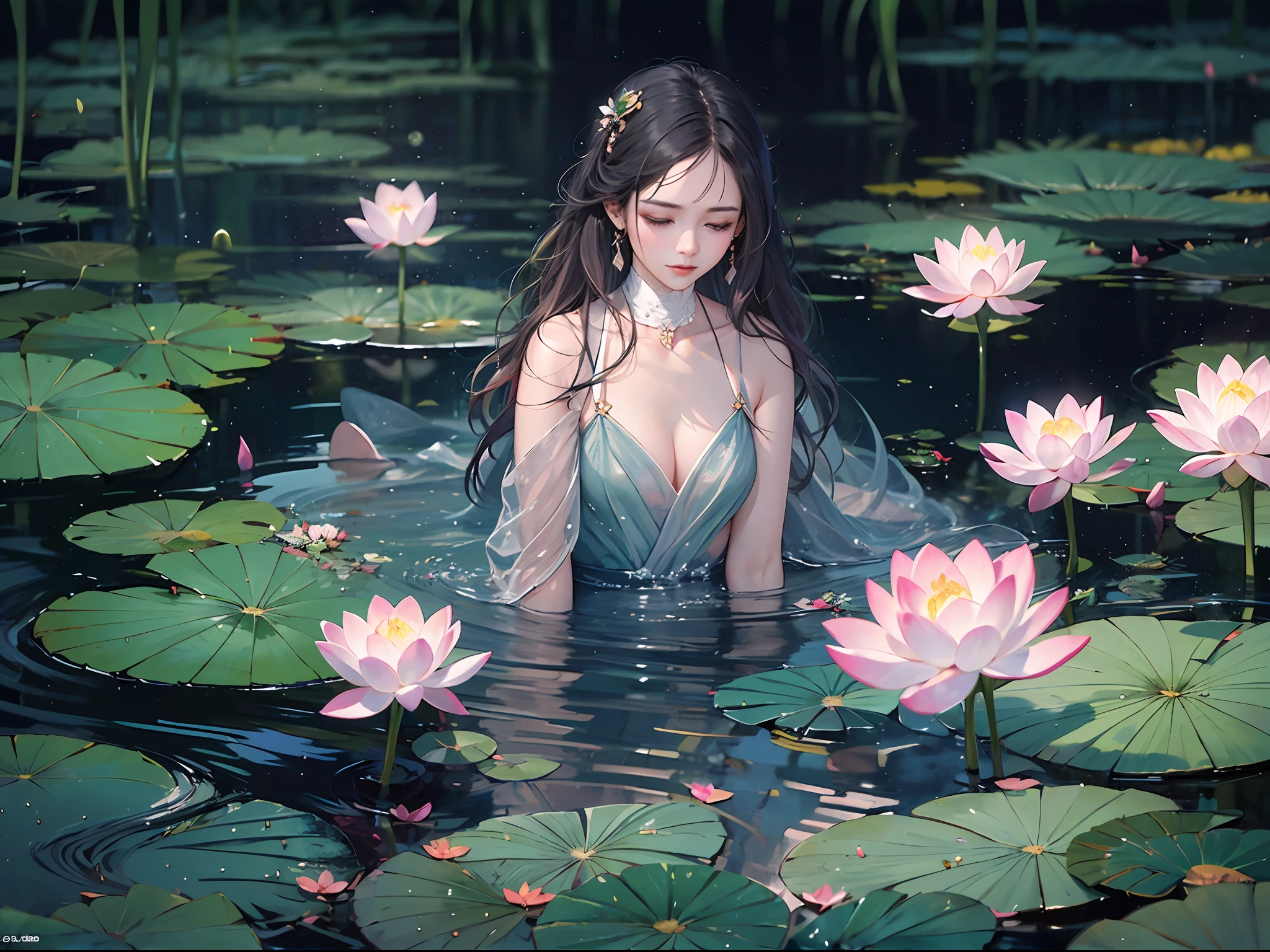 Cut a period of time and flow slowly
It flowed into the moonlight and rippled slightly
Play a small lotus with a faint fragrance
The beautiful sound of the piano fell right next to me
Fireflies light up the starlight of the night
Who added me a dream robe
Push open that heart window and look far away
Who plucked that flower of yesterday's sorrow
I'm like a fish in your lotus pond
Just to wait for the white moonlight with you
After swimming through the four seasons, the lotus flowers are still fragrant, waiting for you like in the middle of the water ,masterpiece, best quality, ultra-detailed, best shadow,8k,official art